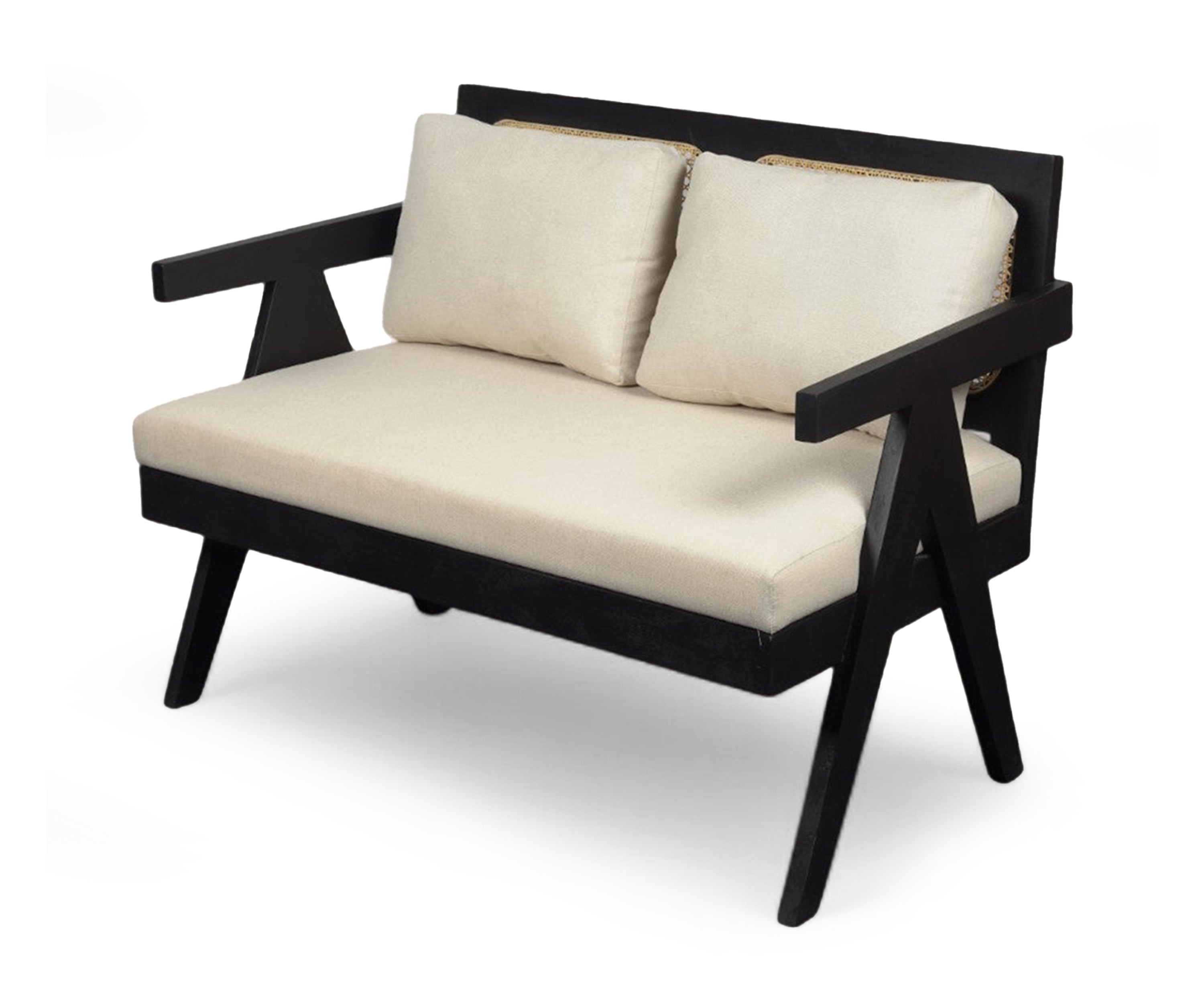 Modern Black Acacia Bench with Cane & Linen