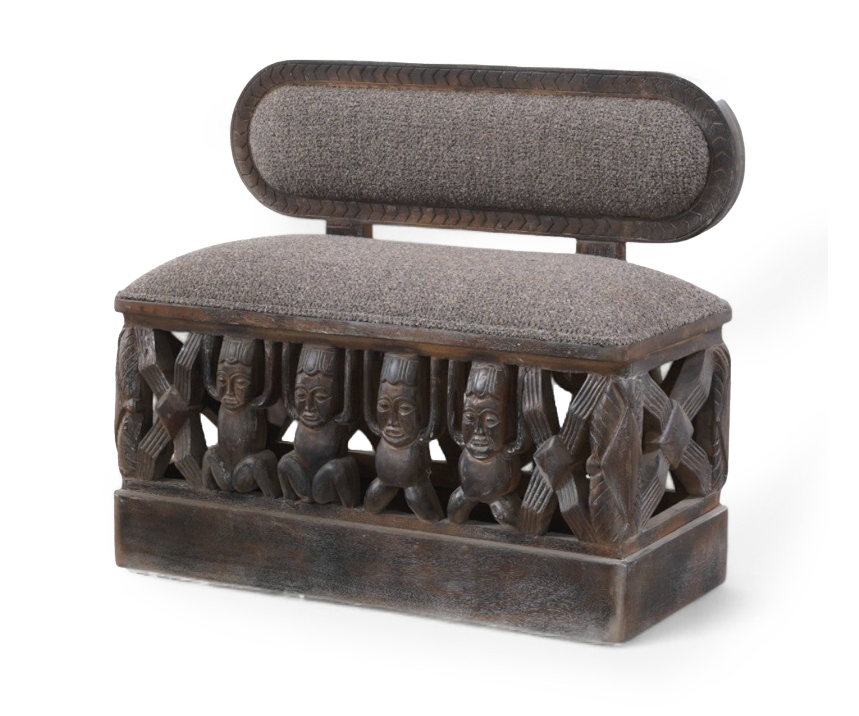 Tribal Carved Wooden Sofa Boucle Upholstery