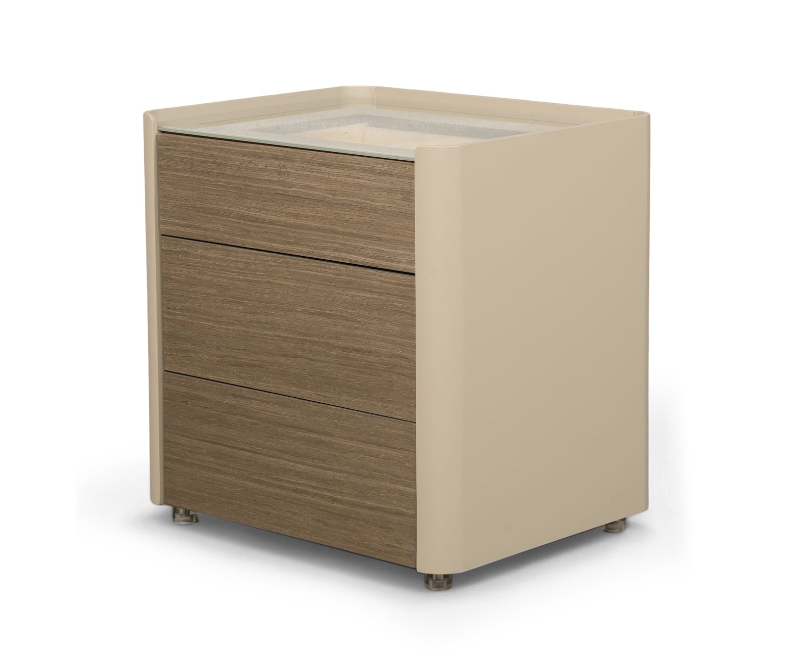 Modern Three-Drawer Nightstand with Glass Top and Lacquered Frame