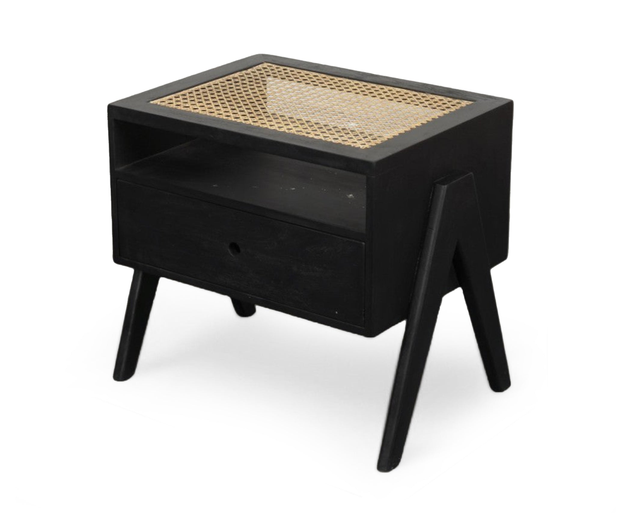 Mignight Black Cane-Weave Top Wooden Bedside Table with Drawer