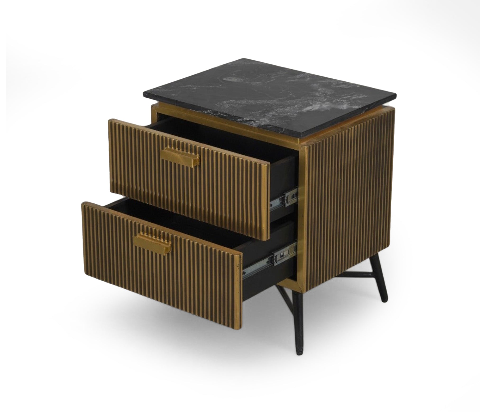 Fluted Brass Bedside Table with Marble Top