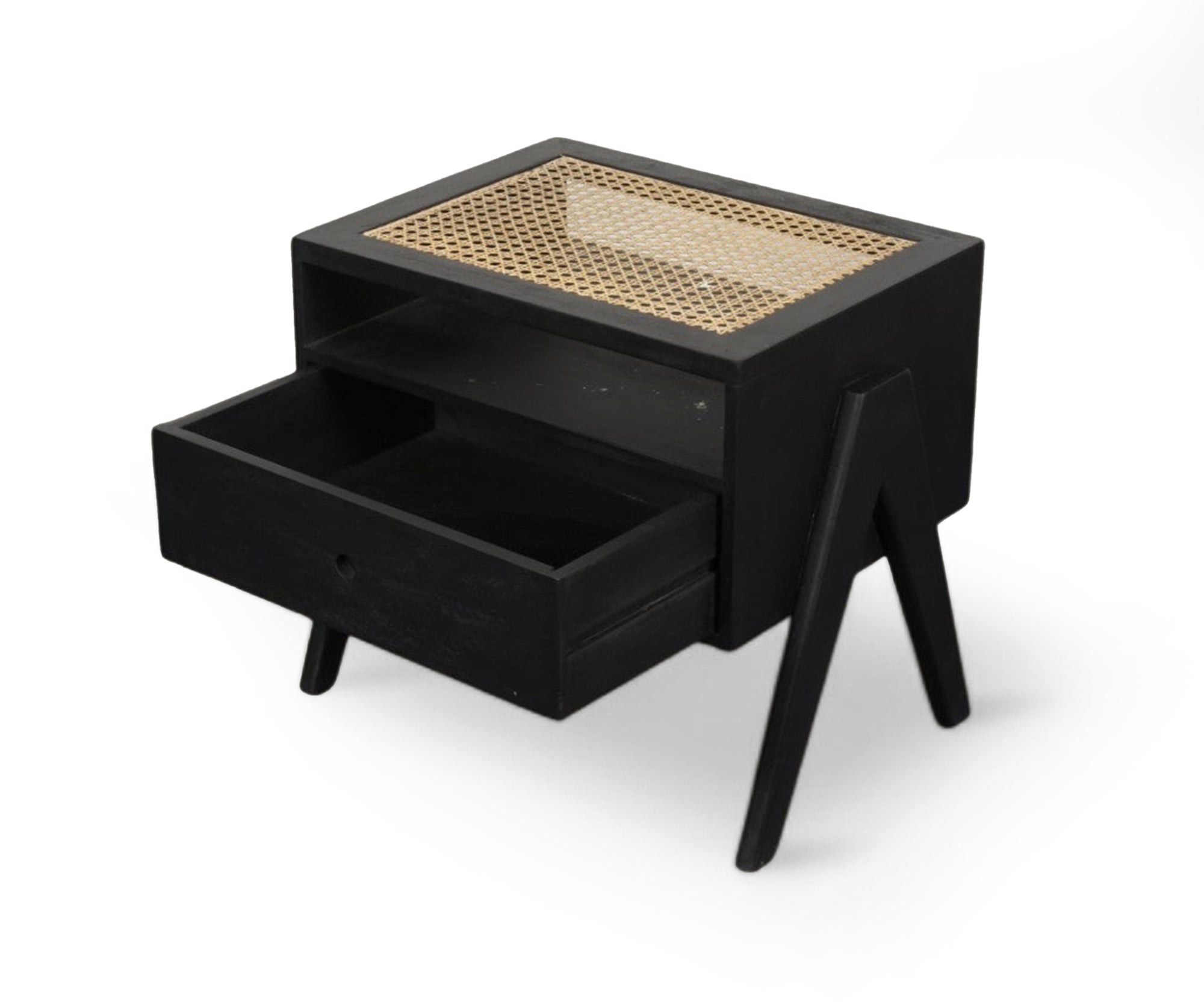 Mignight Black Cane-Weave Top Wooden Bedside Table with Drawer