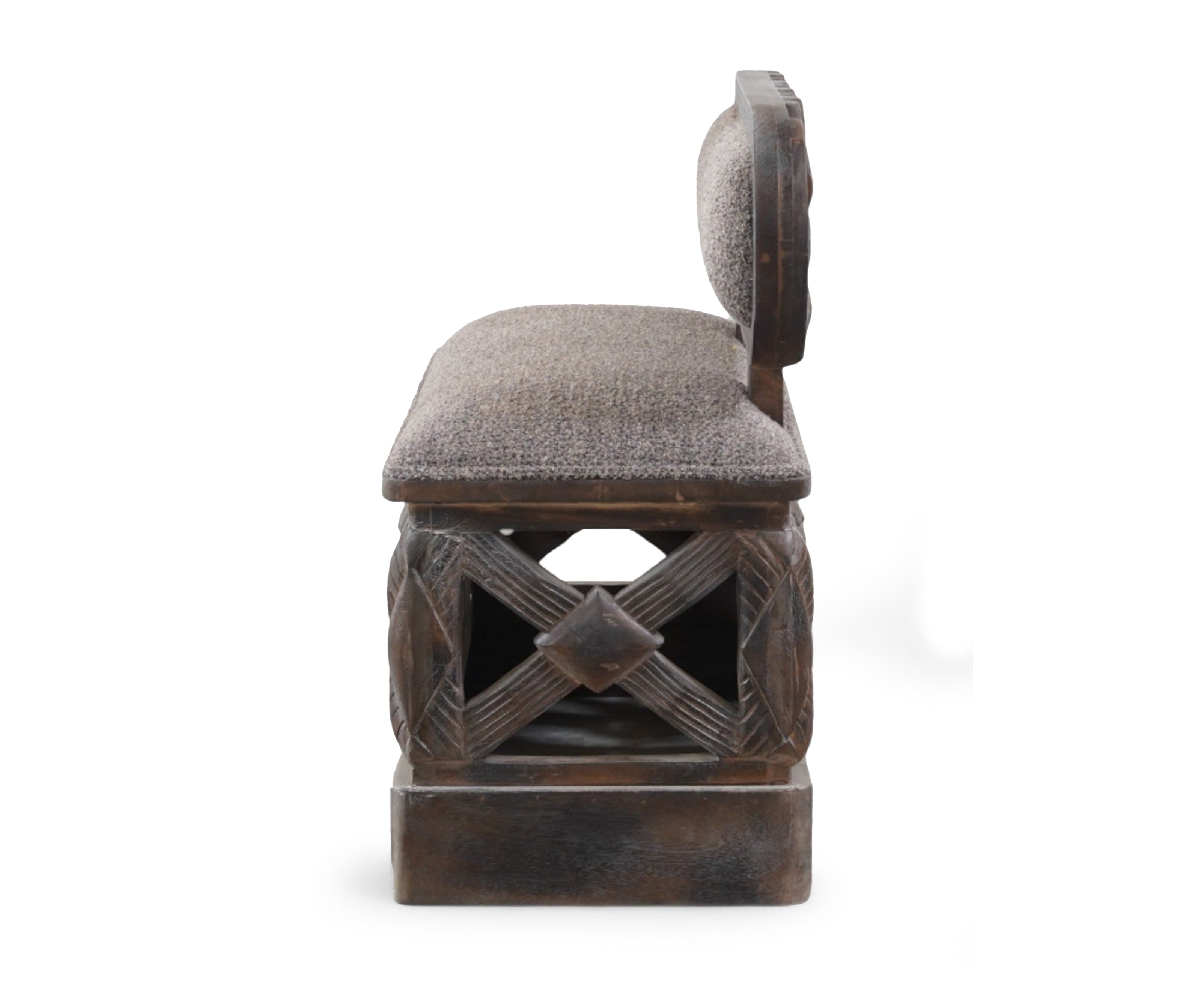 Tribal Carved Wooden Sofa Boucle Upholstery