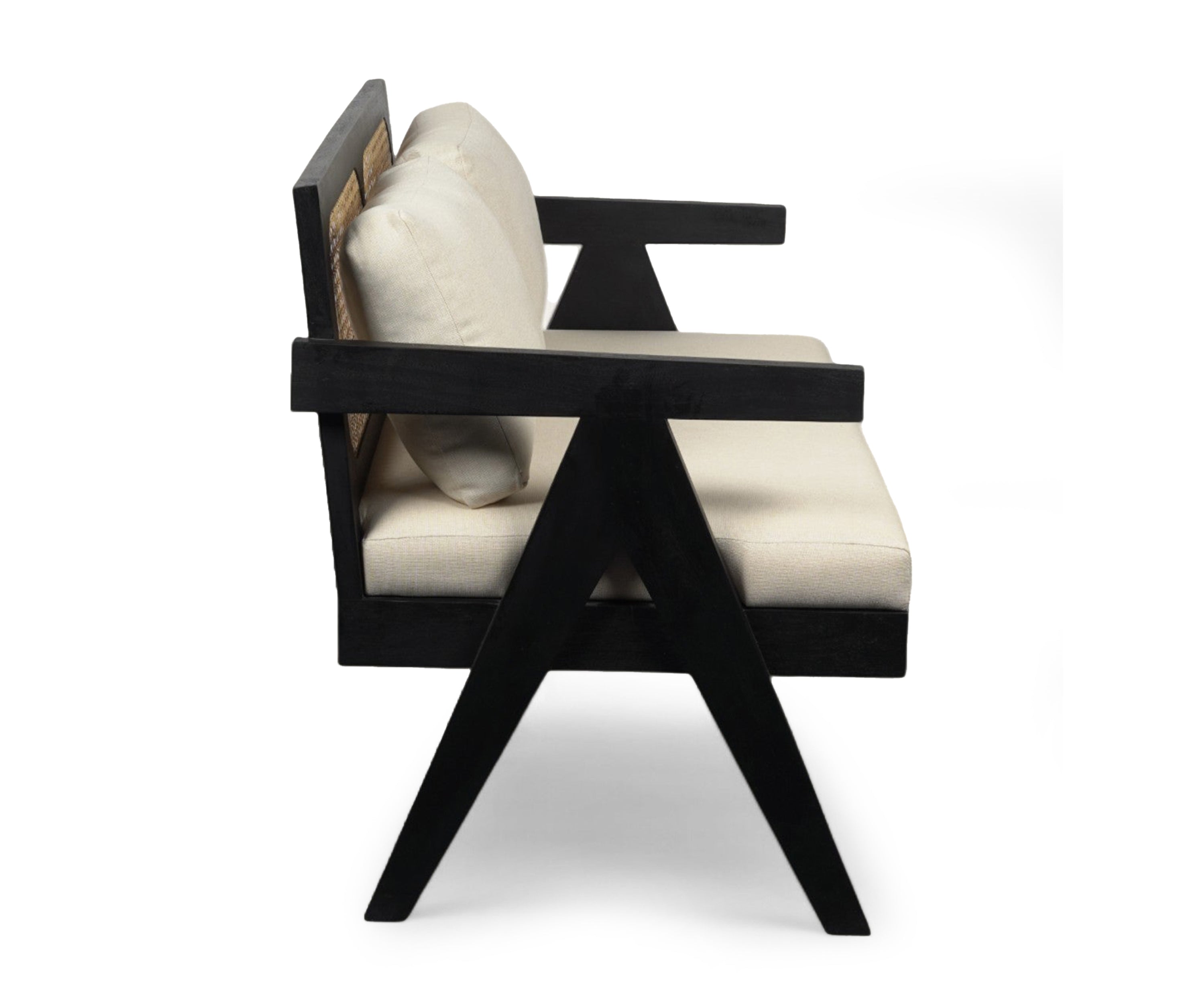 Modern Black Acacia Bench with Cane & Linen