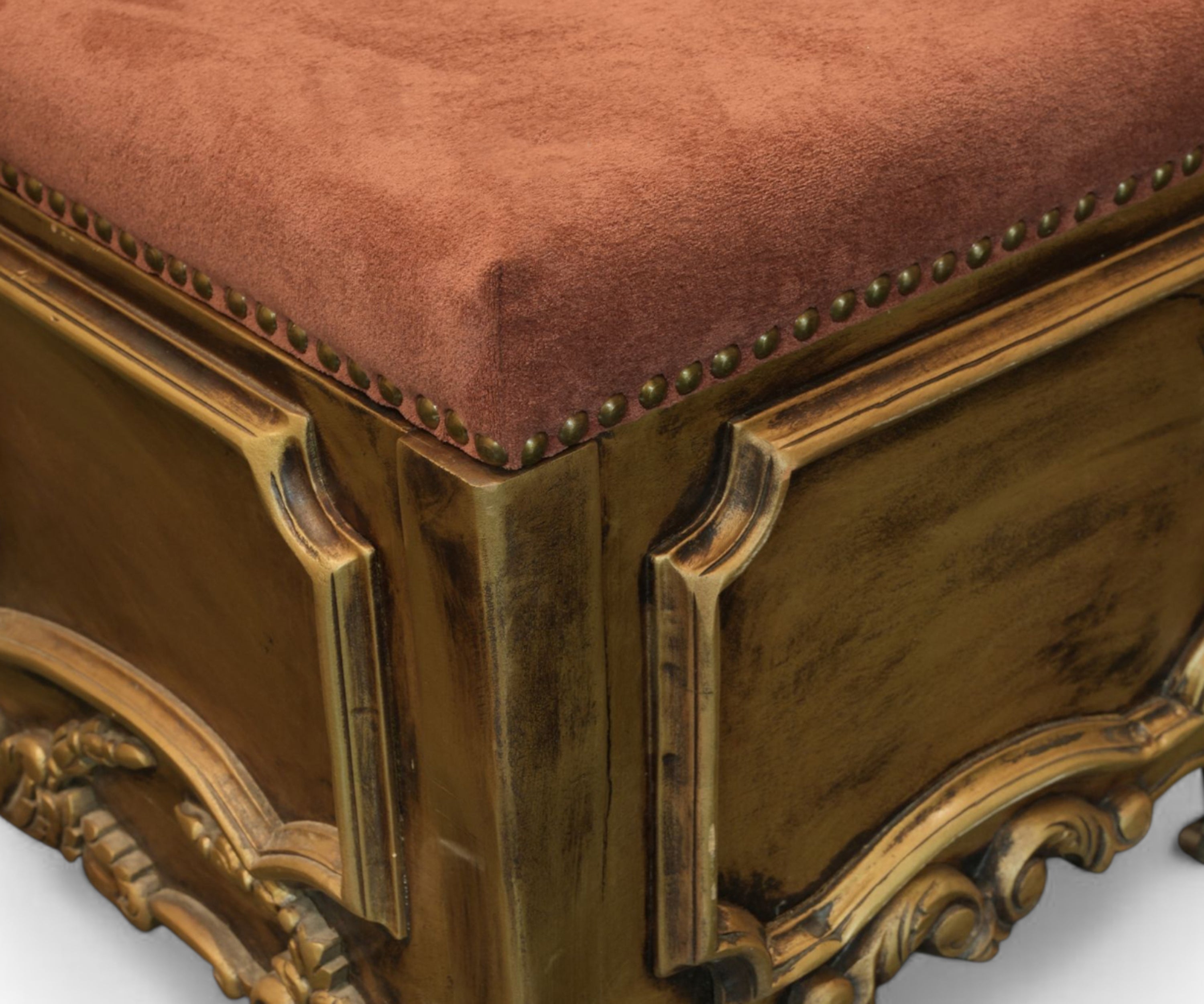 Gold Carved Storage Bench with Velvet Upholstered Seat