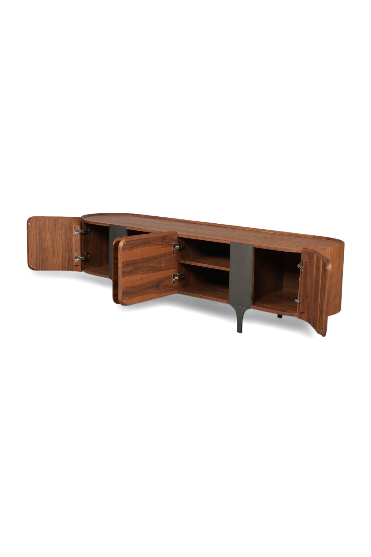 Modern Walnut Sideboard with Curved Edges and Metal Legs