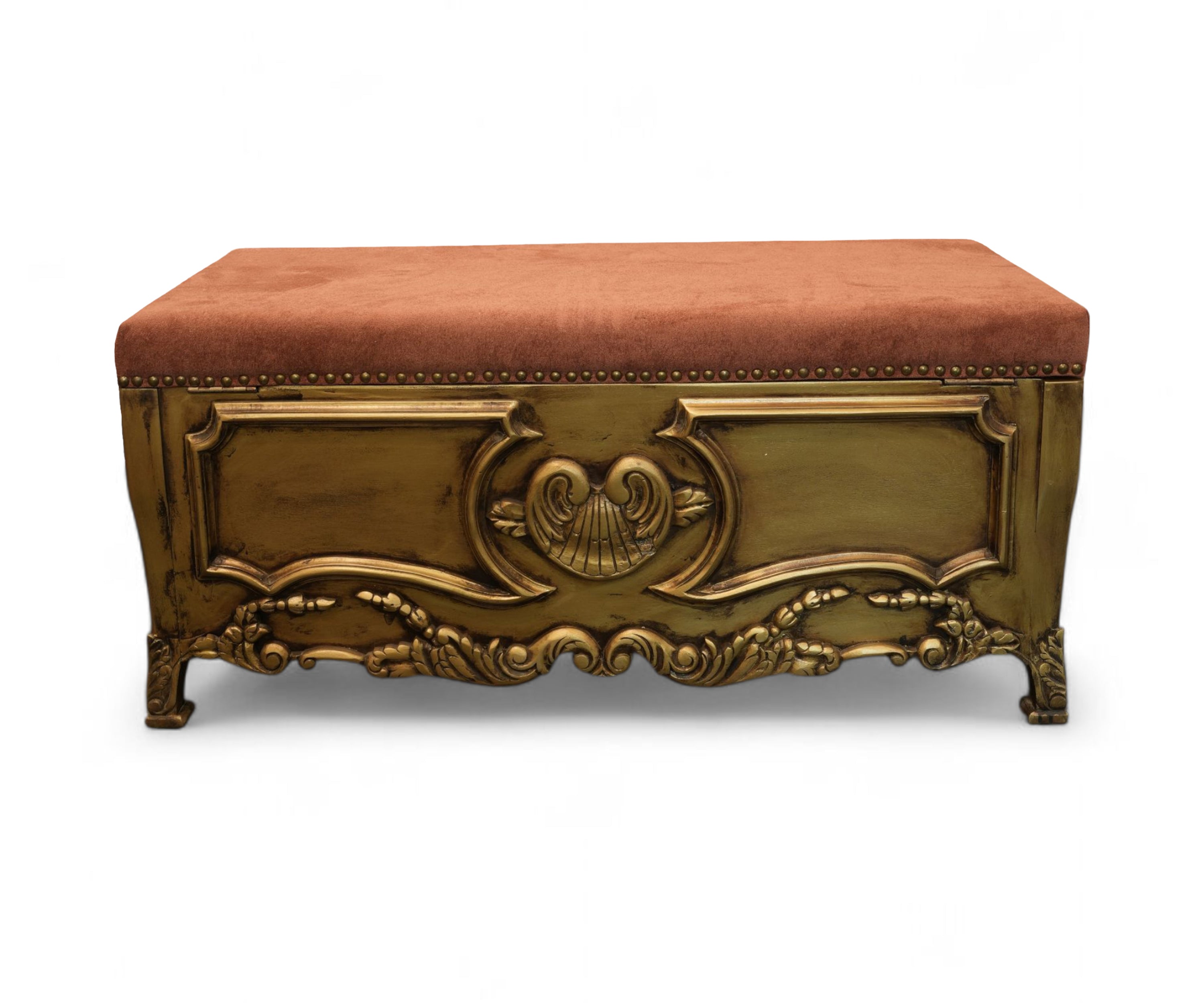 Gold Carved Storage Bench with Velvet Upholstered Seat