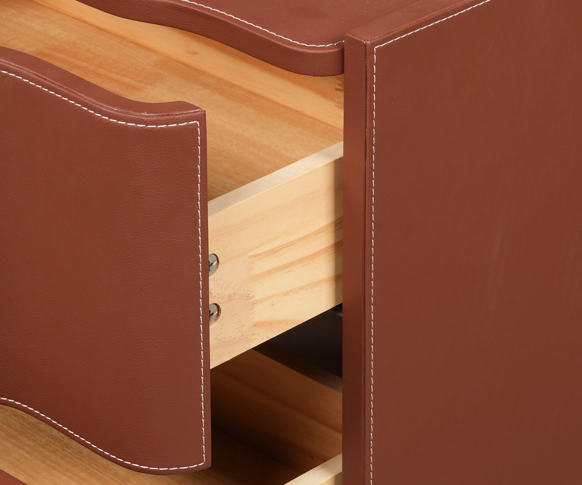 Leather Upholstered Two-Drawer Nightstand with Cutout Handles
