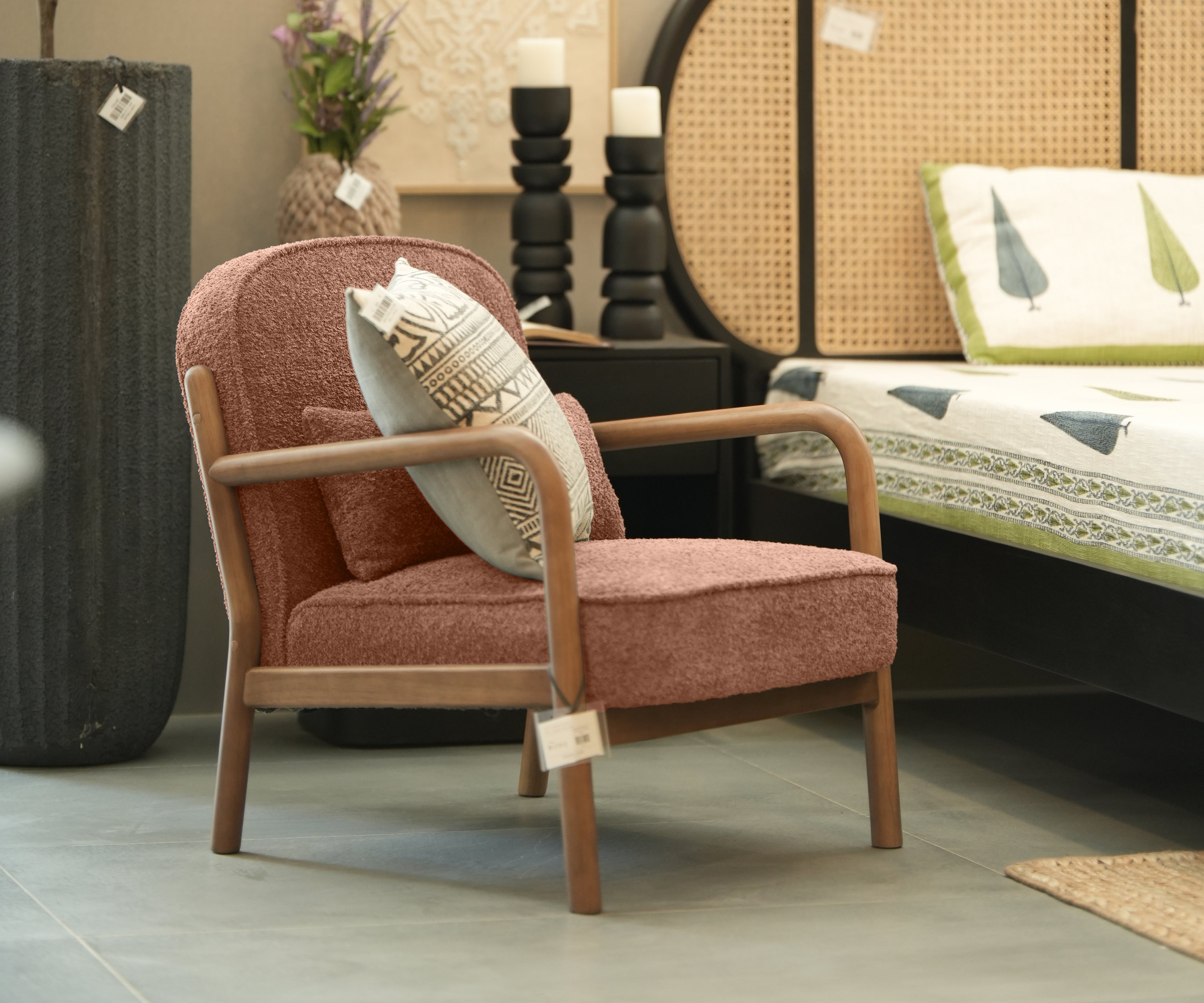 Mid-Century Bouclé Armchair in Rose Brown