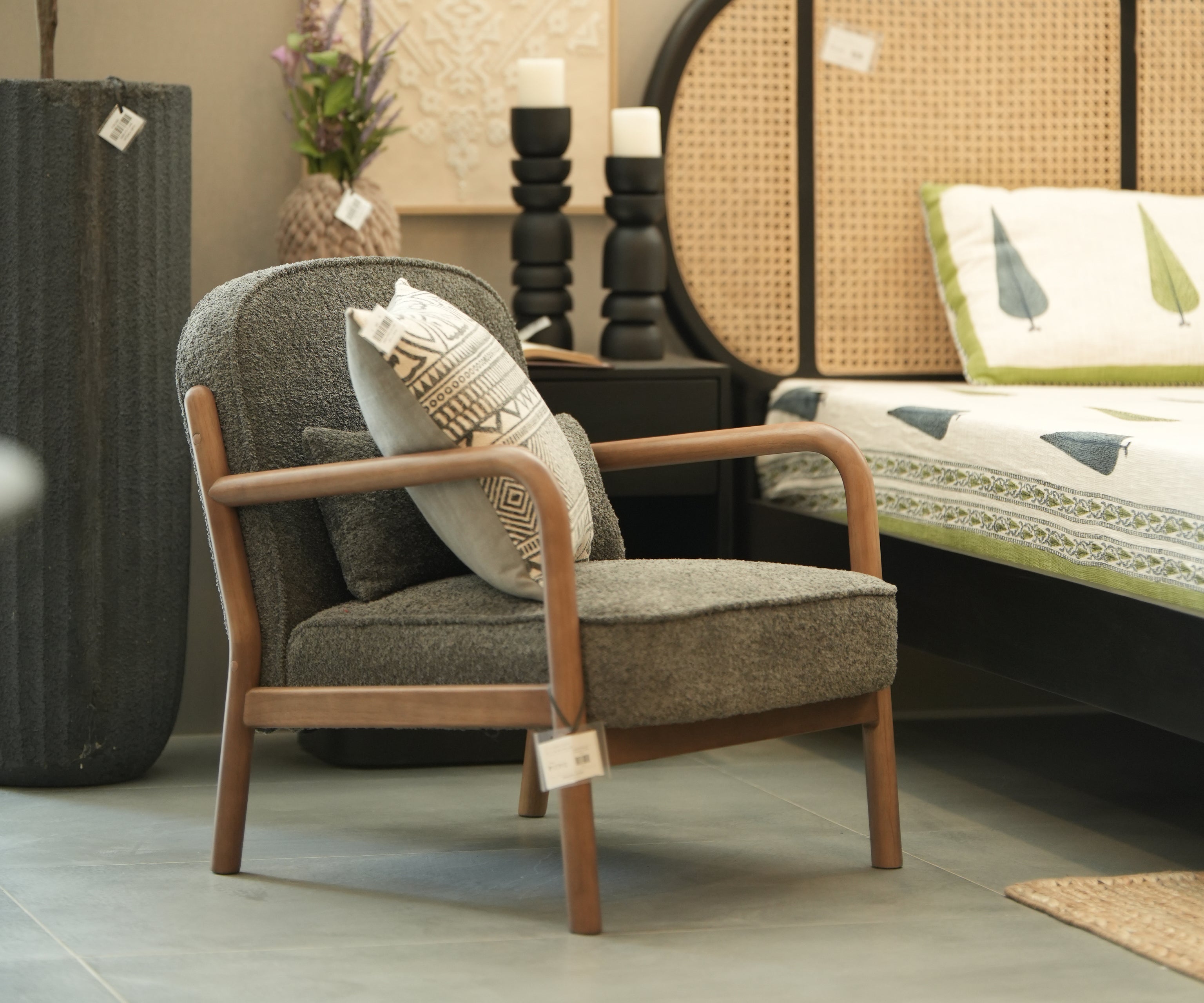 Mid-Century Bouclé Armchair with Wooden Frame