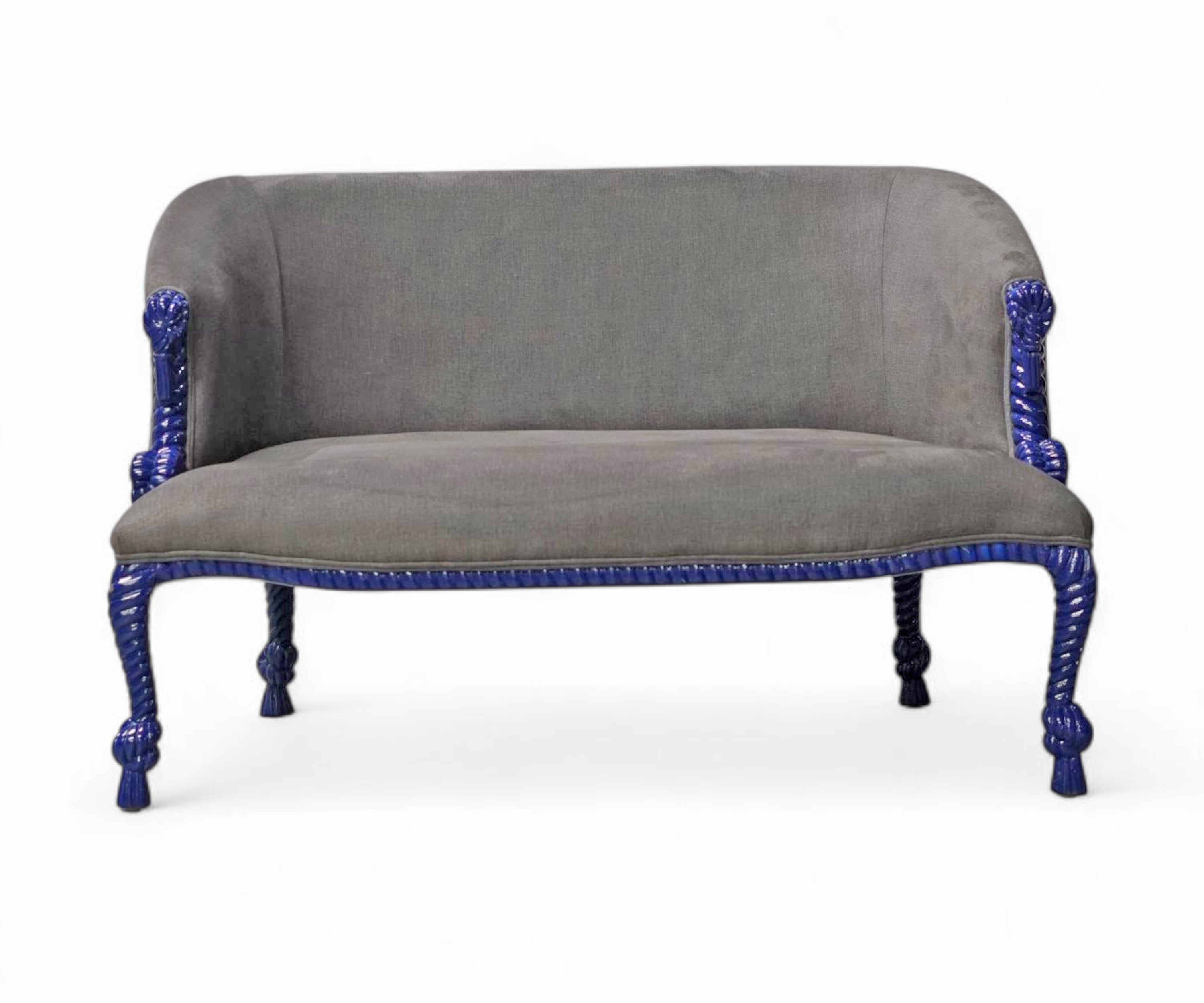 Wood Rope Carved Velvet Sofa