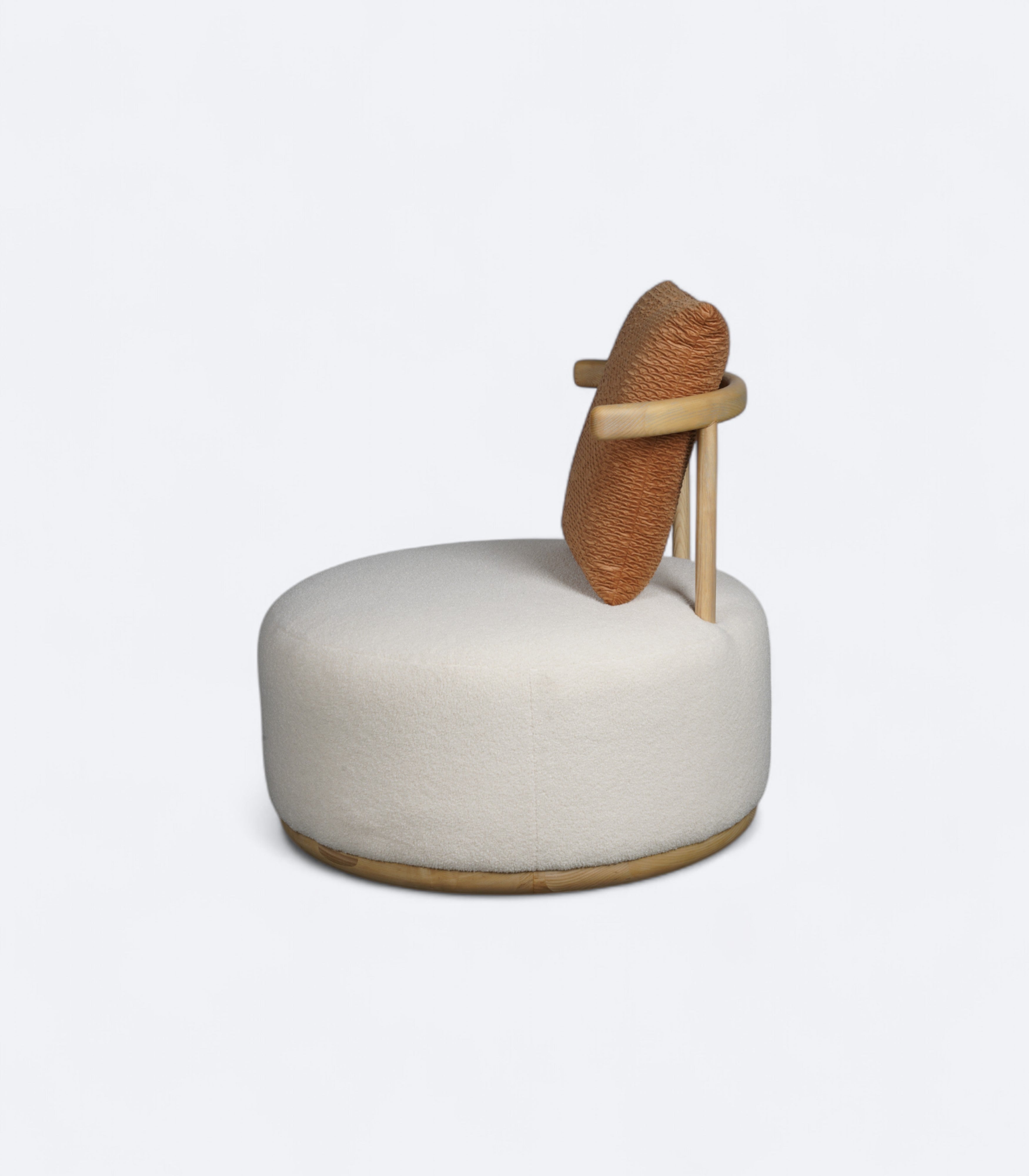 Round Armchair in Bouclé with Oak Base