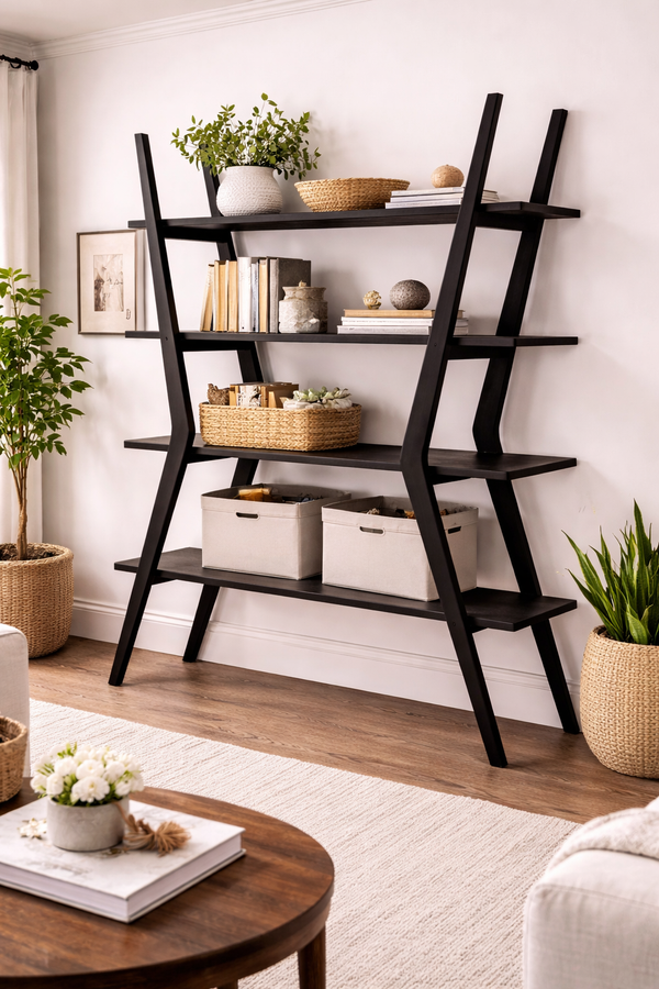 Modern Black Wooden Ladder Shelf Unit – 4 Tier Display Rack