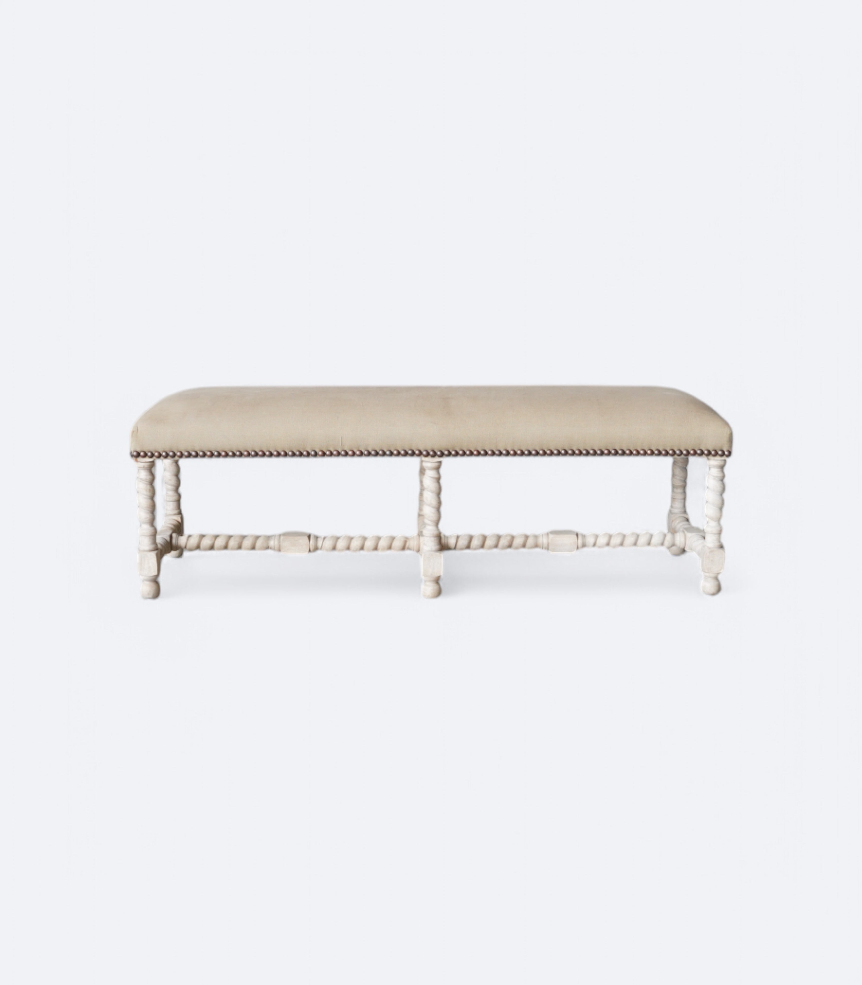 Spindle Leg Upholstered Bench with Brass Studs