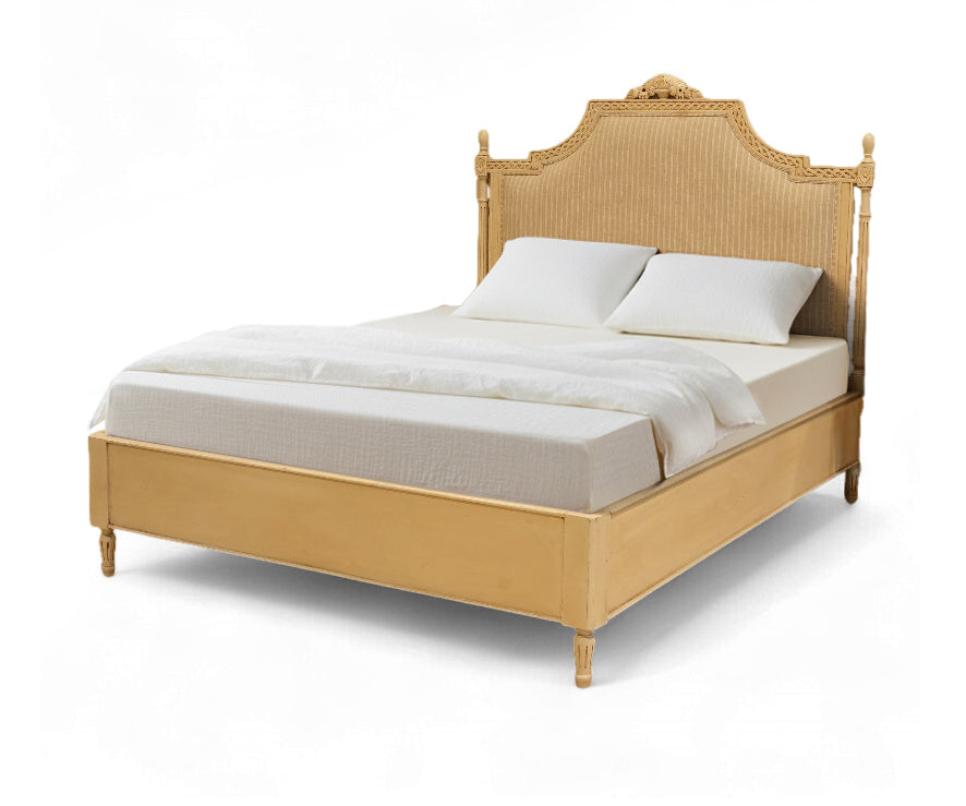 French Gold Upholstered Carved Wood Bed