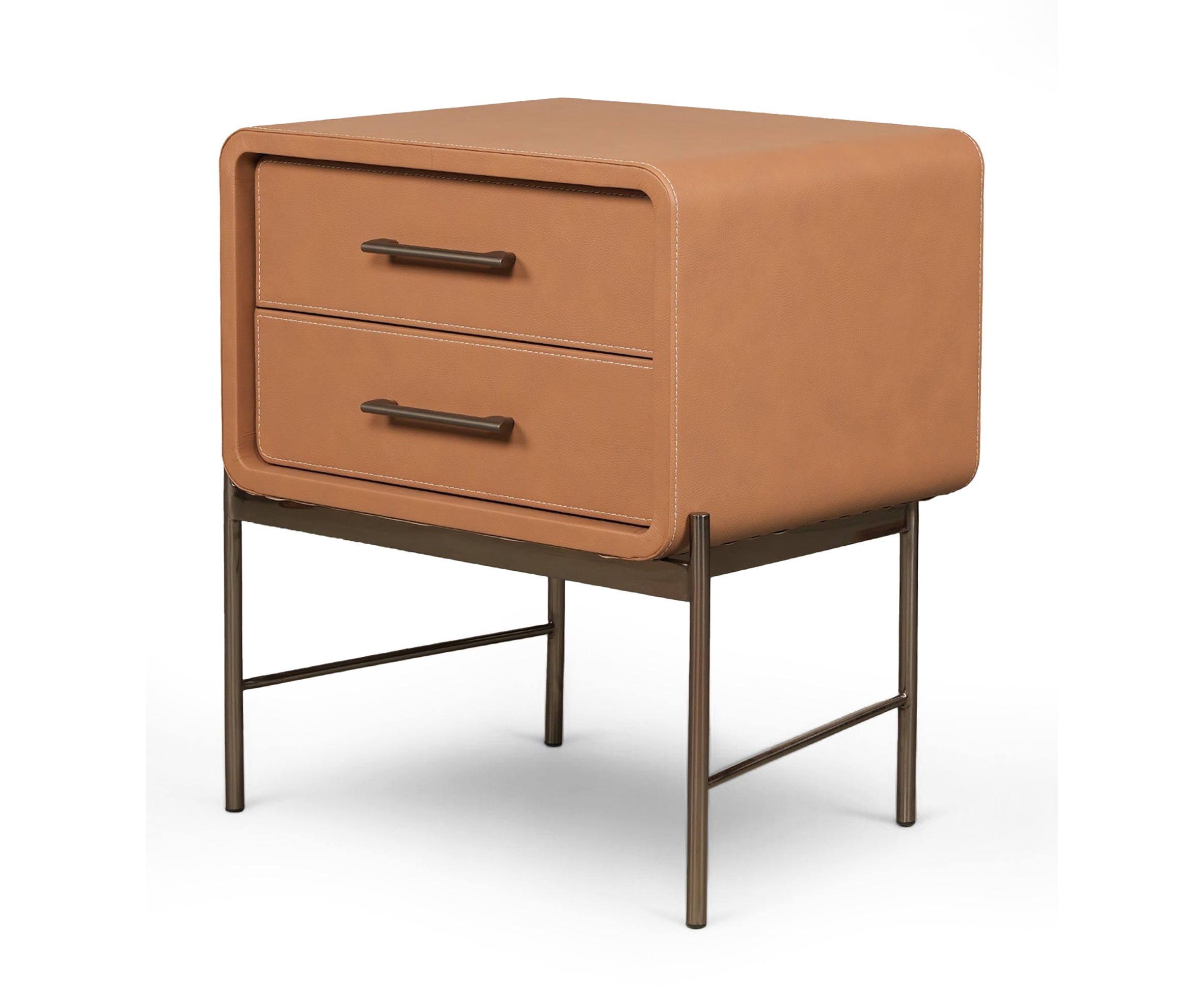 Contemporary Leather-Wrapped Nightstand with Metal Base