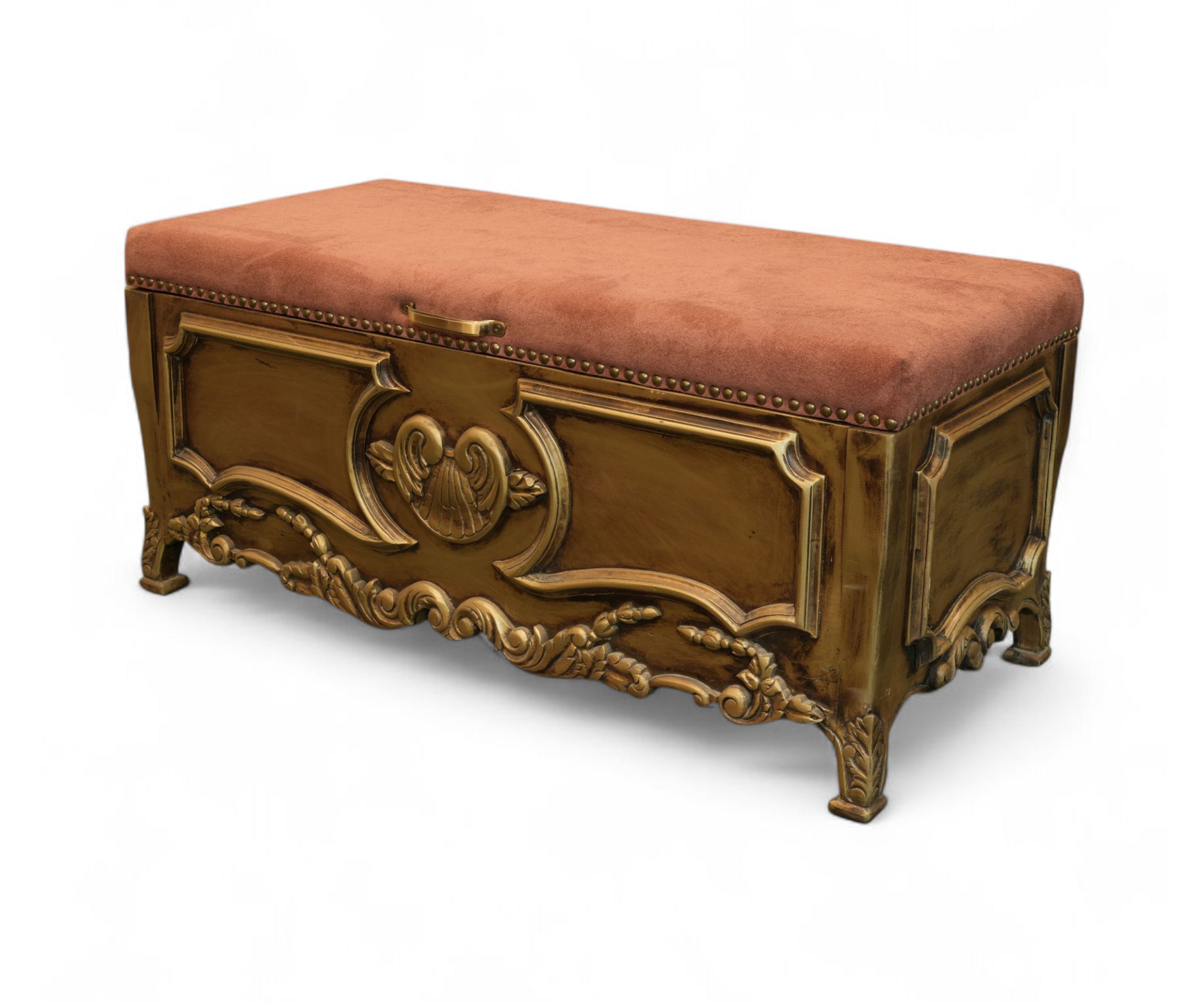Gold Carved Storage Bench with Velvet Upholstered Seat
