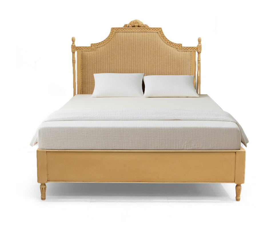 French Gold Upholstered Carved Wood Bed