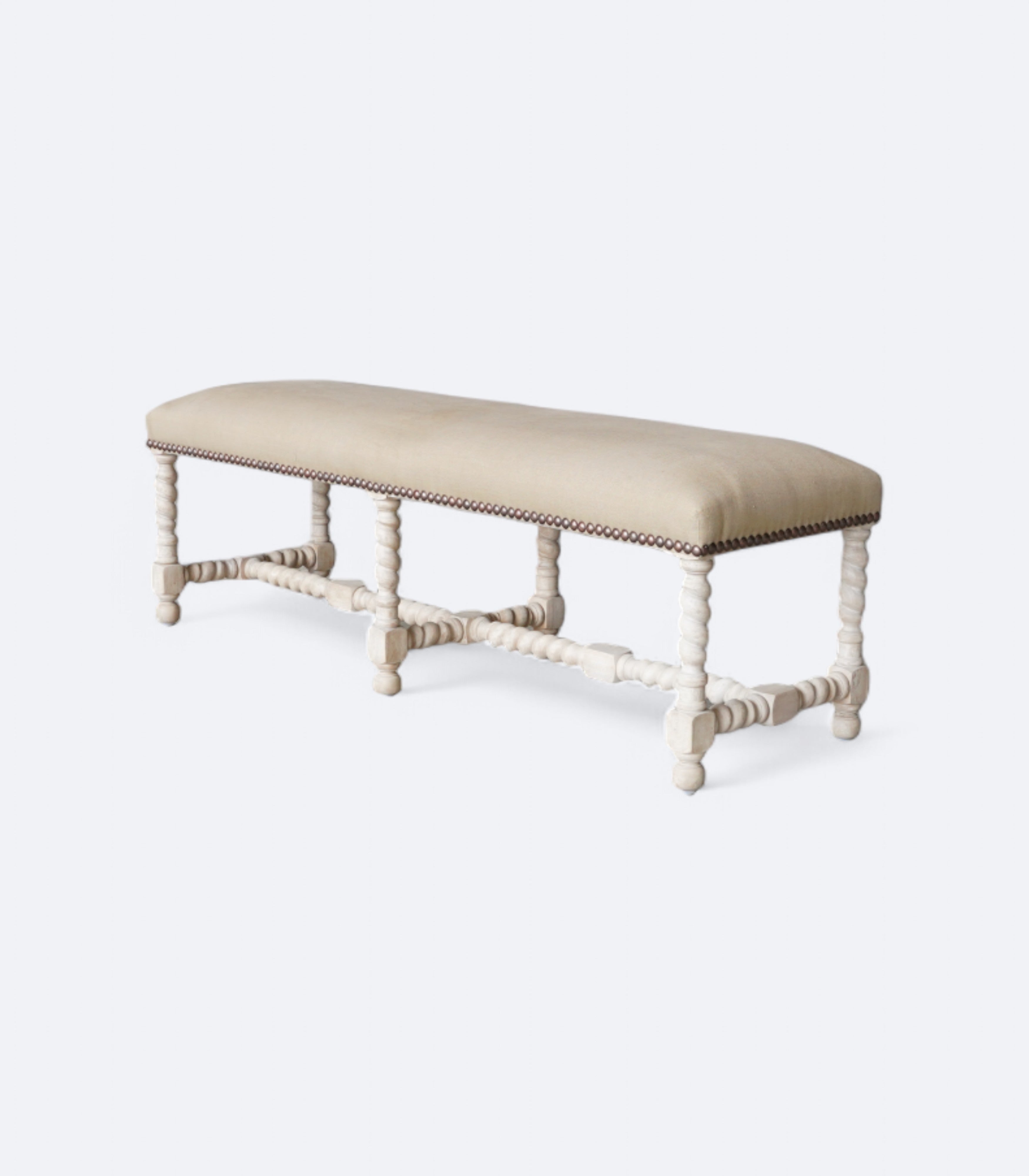 Spindle Leg Upholstered Bench with Brass Studs