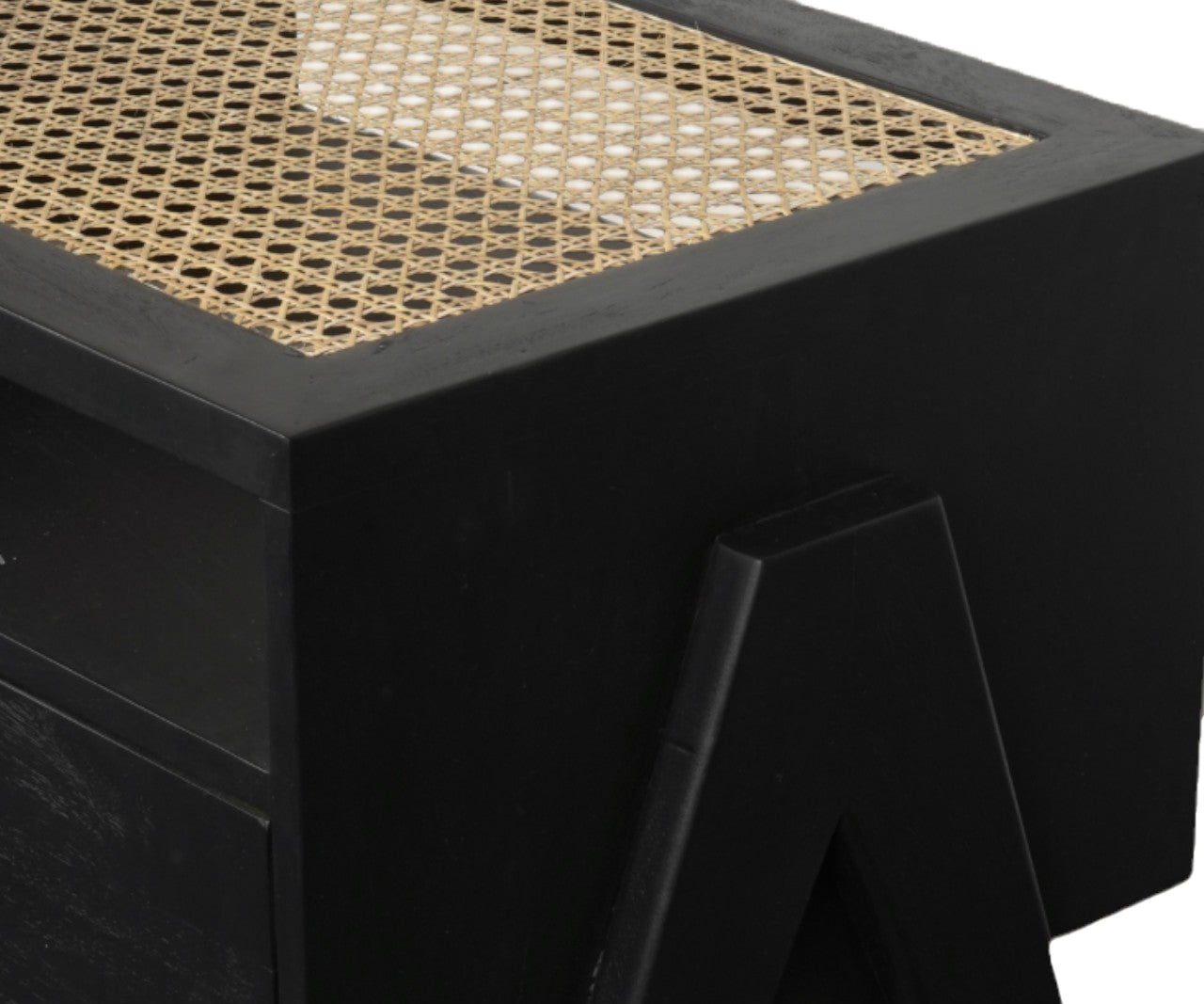 Mignight Black Cane-Weave Top Wooden Bedside Table with Drawer