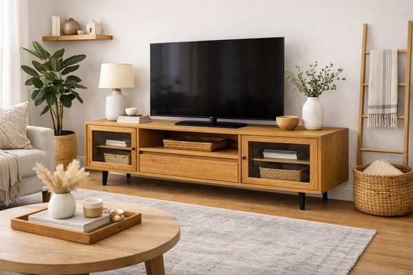 Mid-Century Oak TV Unit with Glass Cabinets & Storage Drawer – 72"