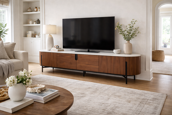 Modern Walnut TV Unit with Rounded Edges & Storage Cabinet – 86"