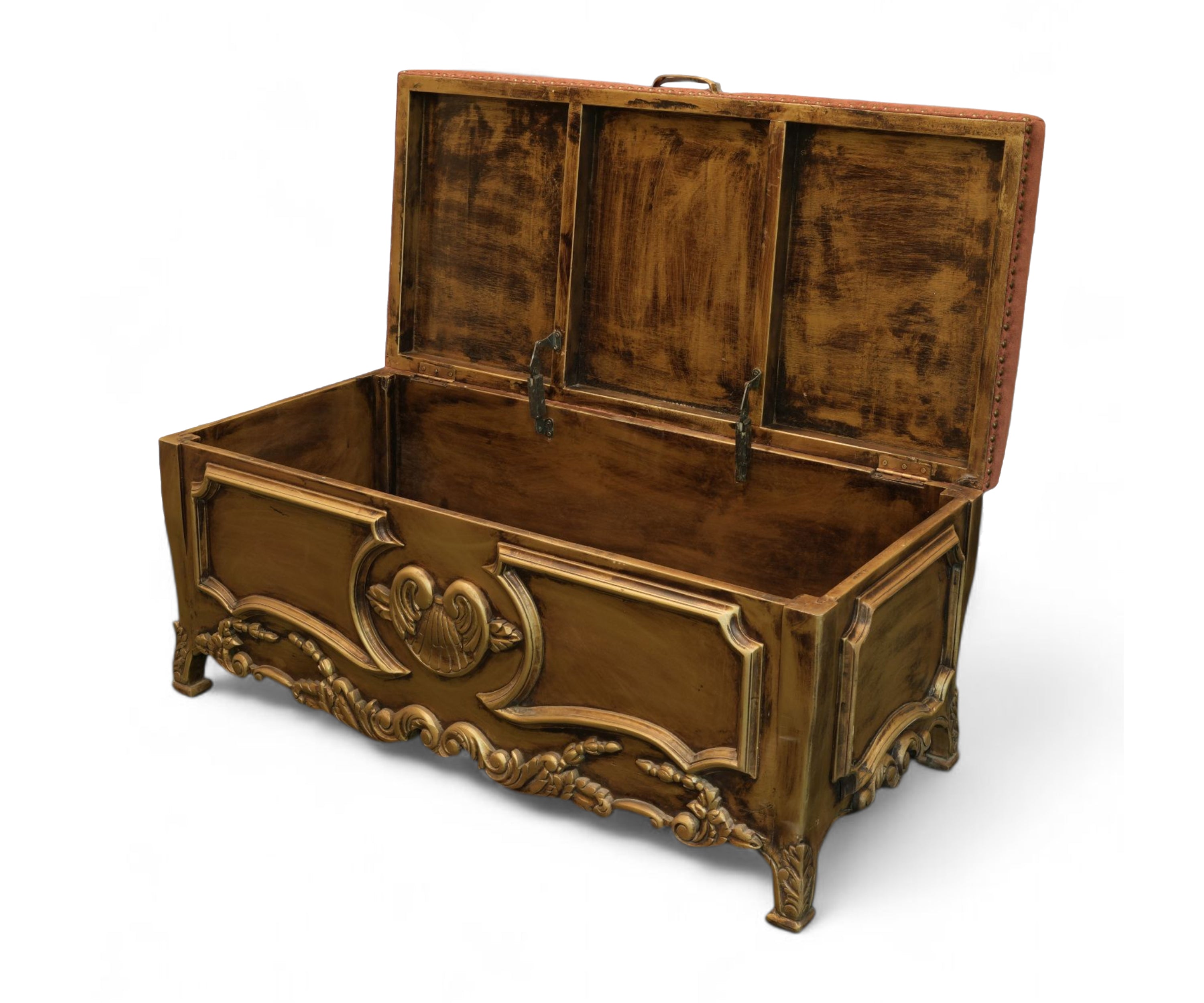 Gold Carved Storage Bench with Velvet Upholstered Seat