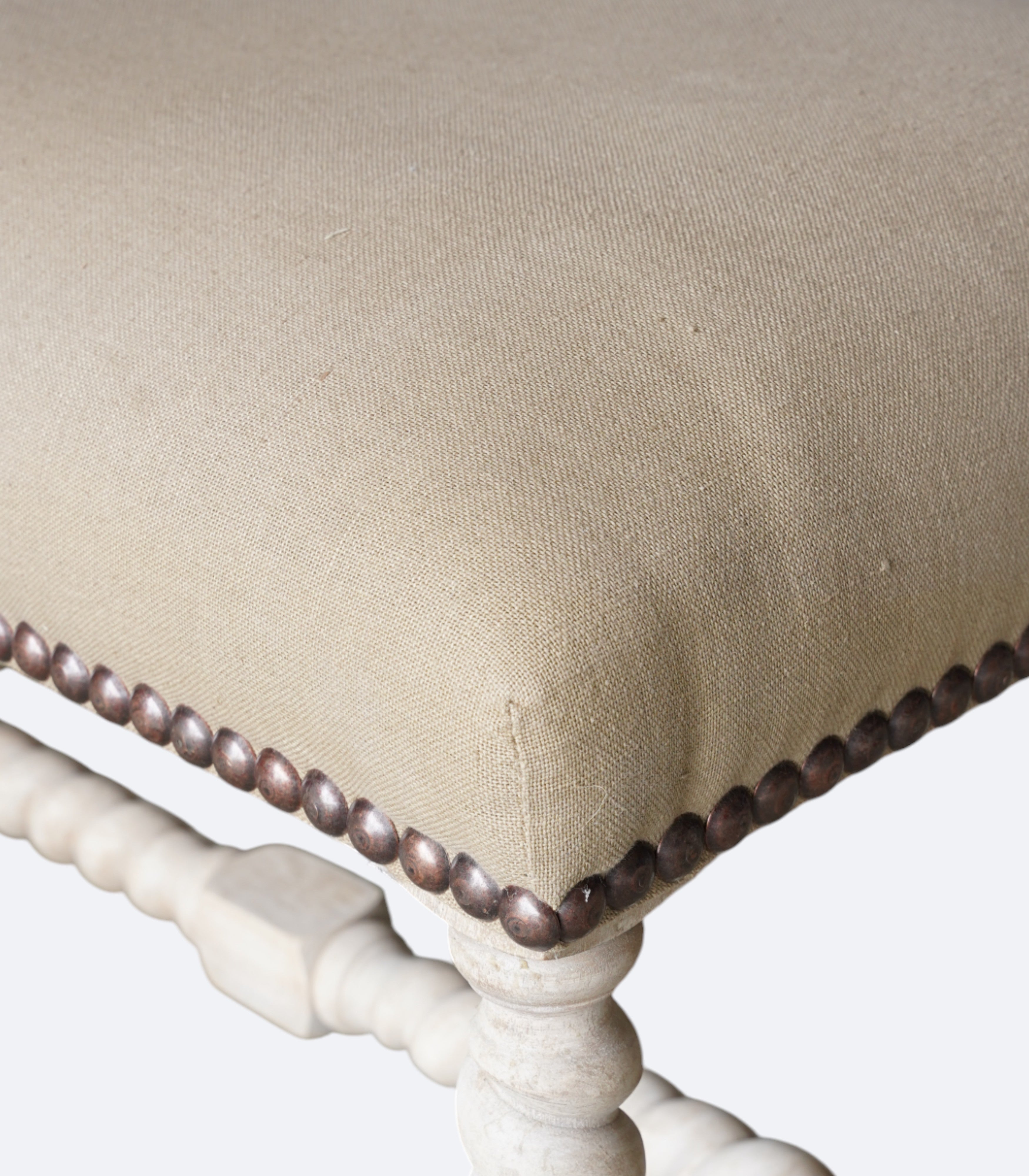 Spindle Leg Upholstered Bench with Brass Studs