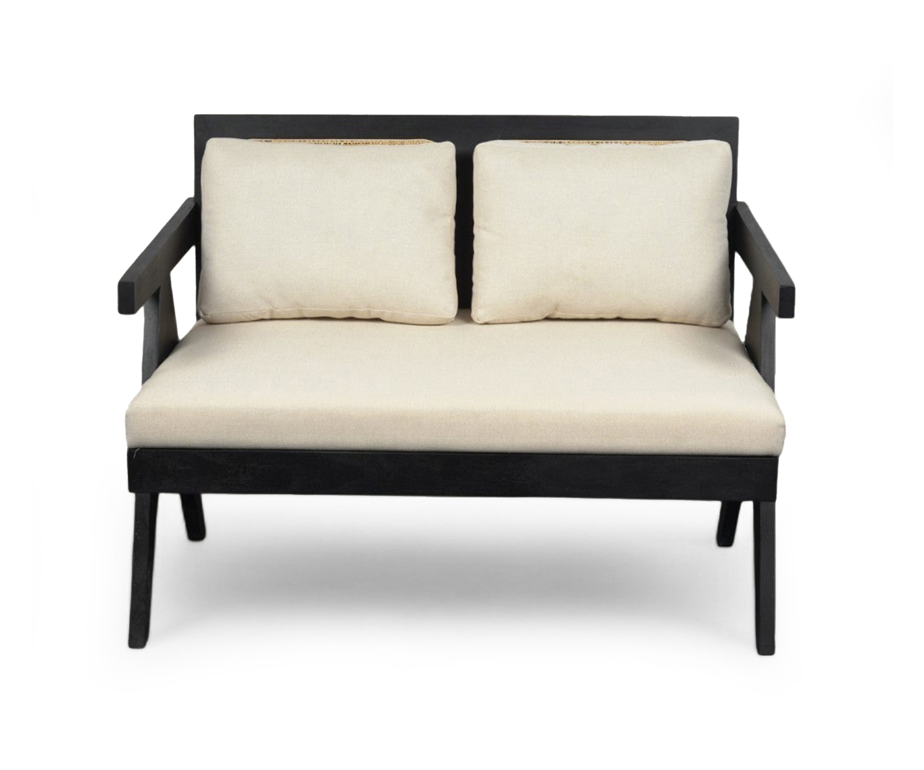 Modern Black Acacia Bench with Cane & Linen