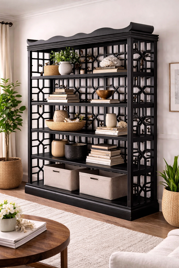 Decorative Wooden Display Shelf Unit Geometric Lattice Design