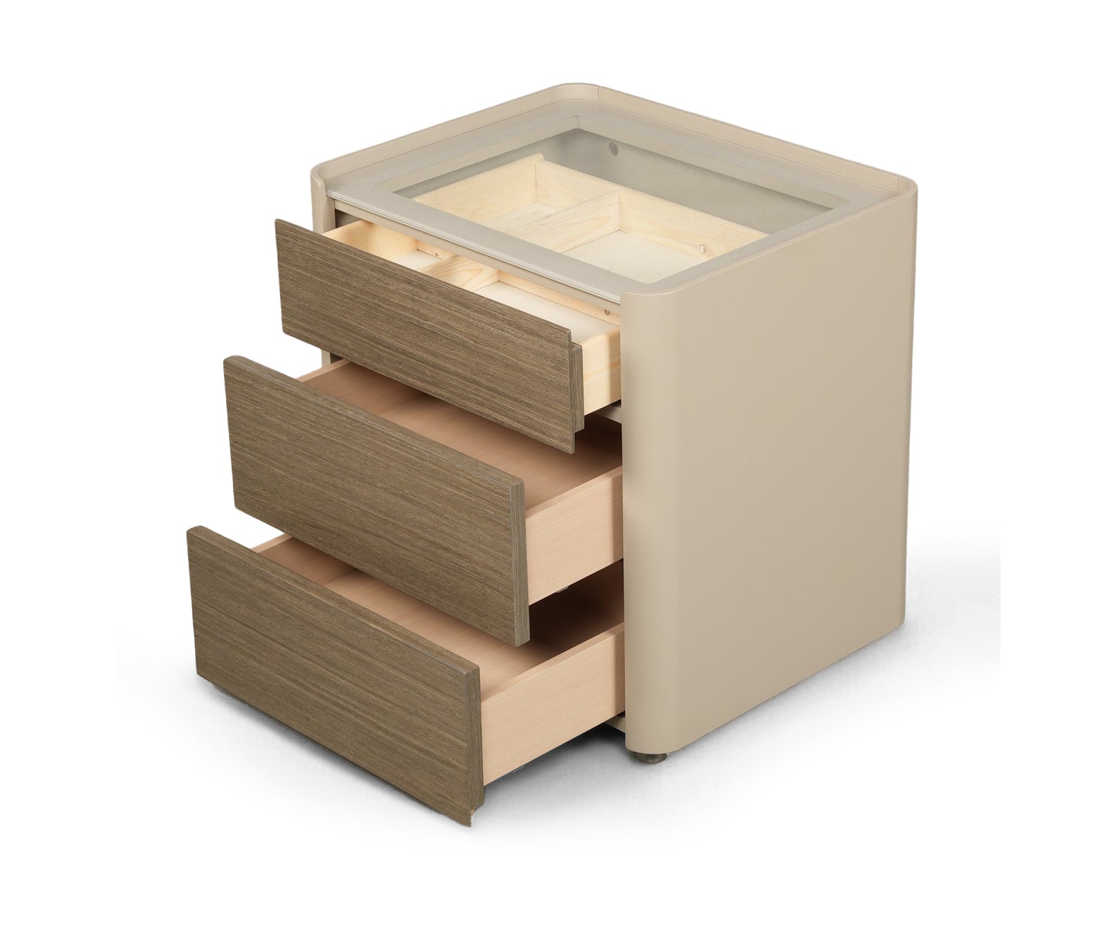 Modern Three-Drawer Nightstand with Glass Top and Lacquered Frame