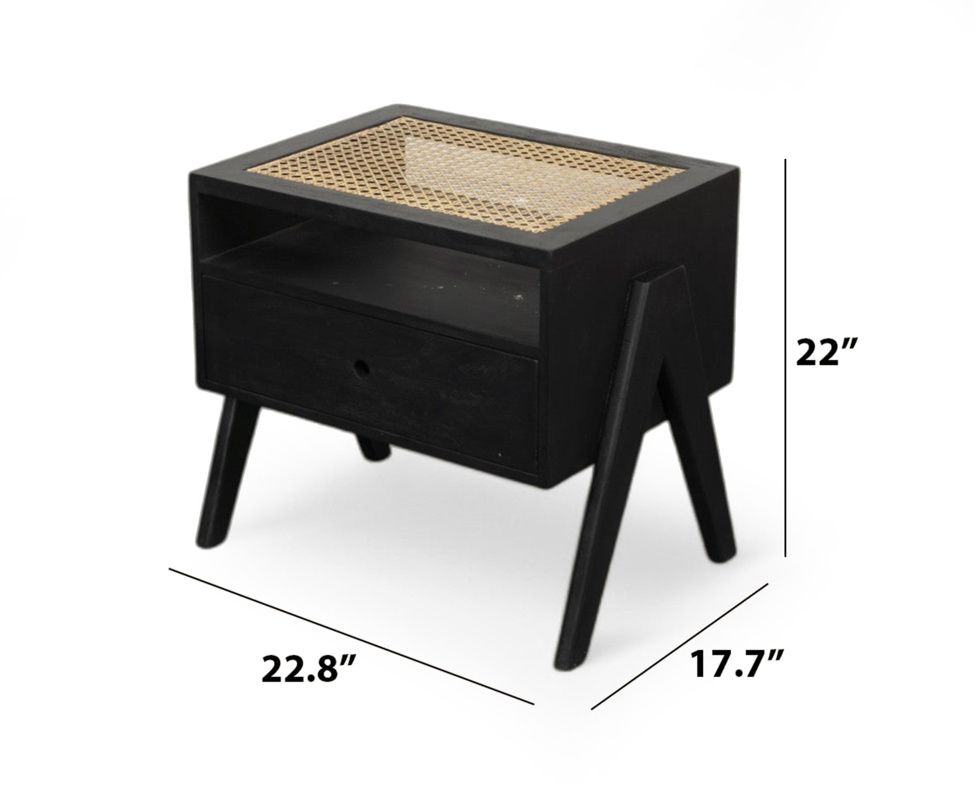 Mignight Black Cane-Weave Top Wooden Bedside Table with Drawer
