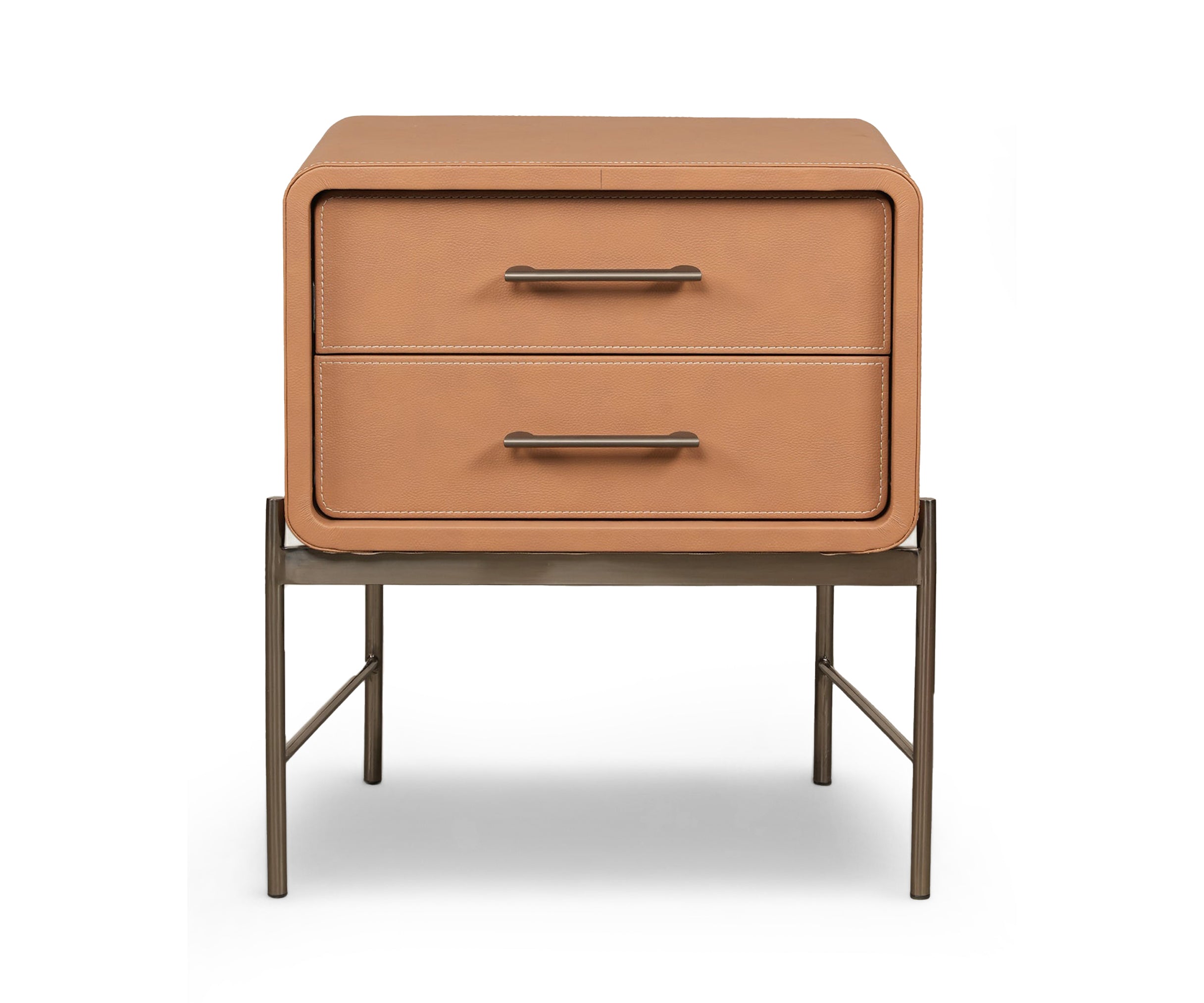 Contemporary Leather-Wrapped Nightstand with Metal Base
