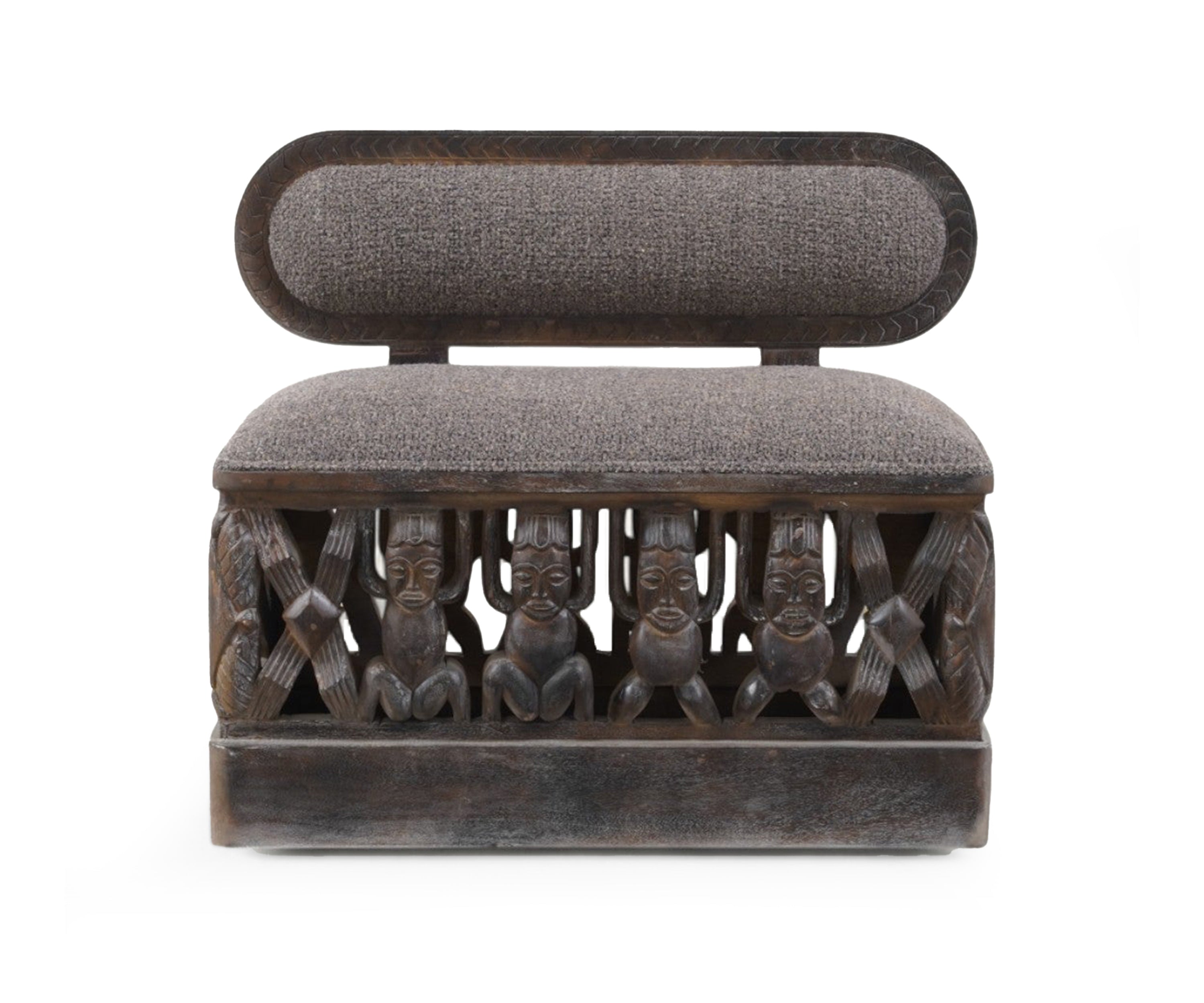 Tribal Carved Wooden Sofa Boucle Upholstery