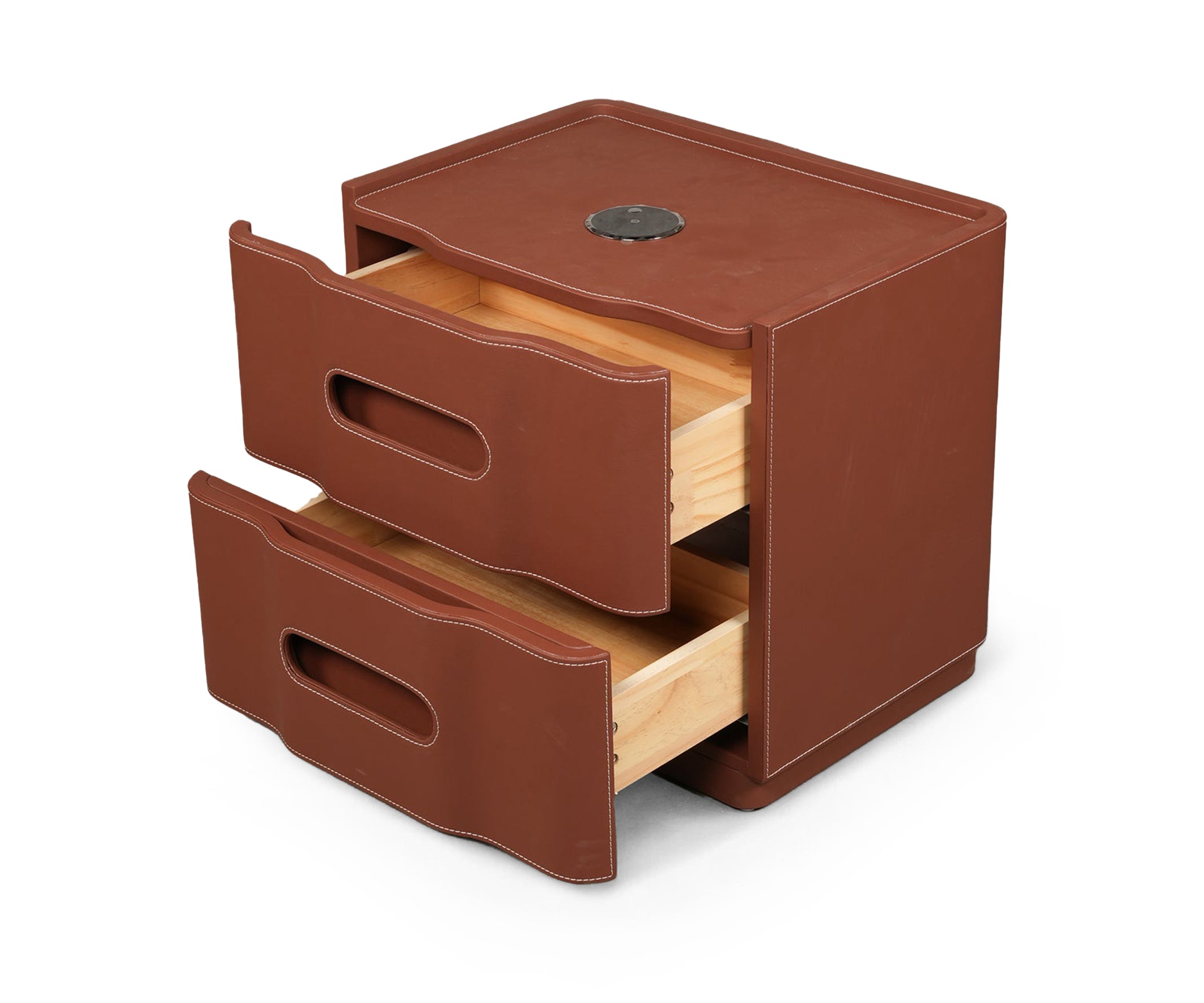 Leather Upholstered Two-Drawer Nightstand with Cutout Handles