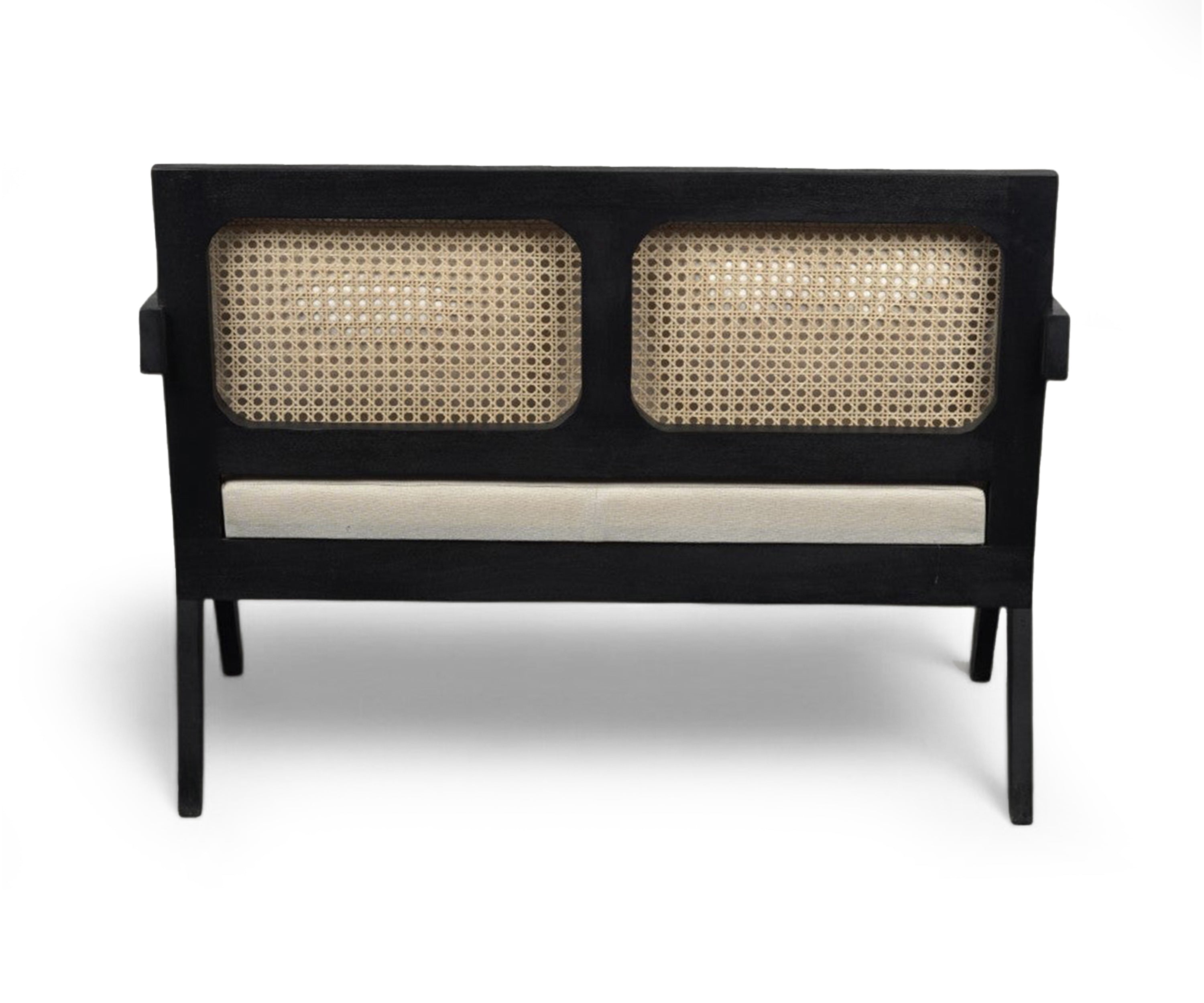 Modern Black Acacia Bench with Cane & Linen