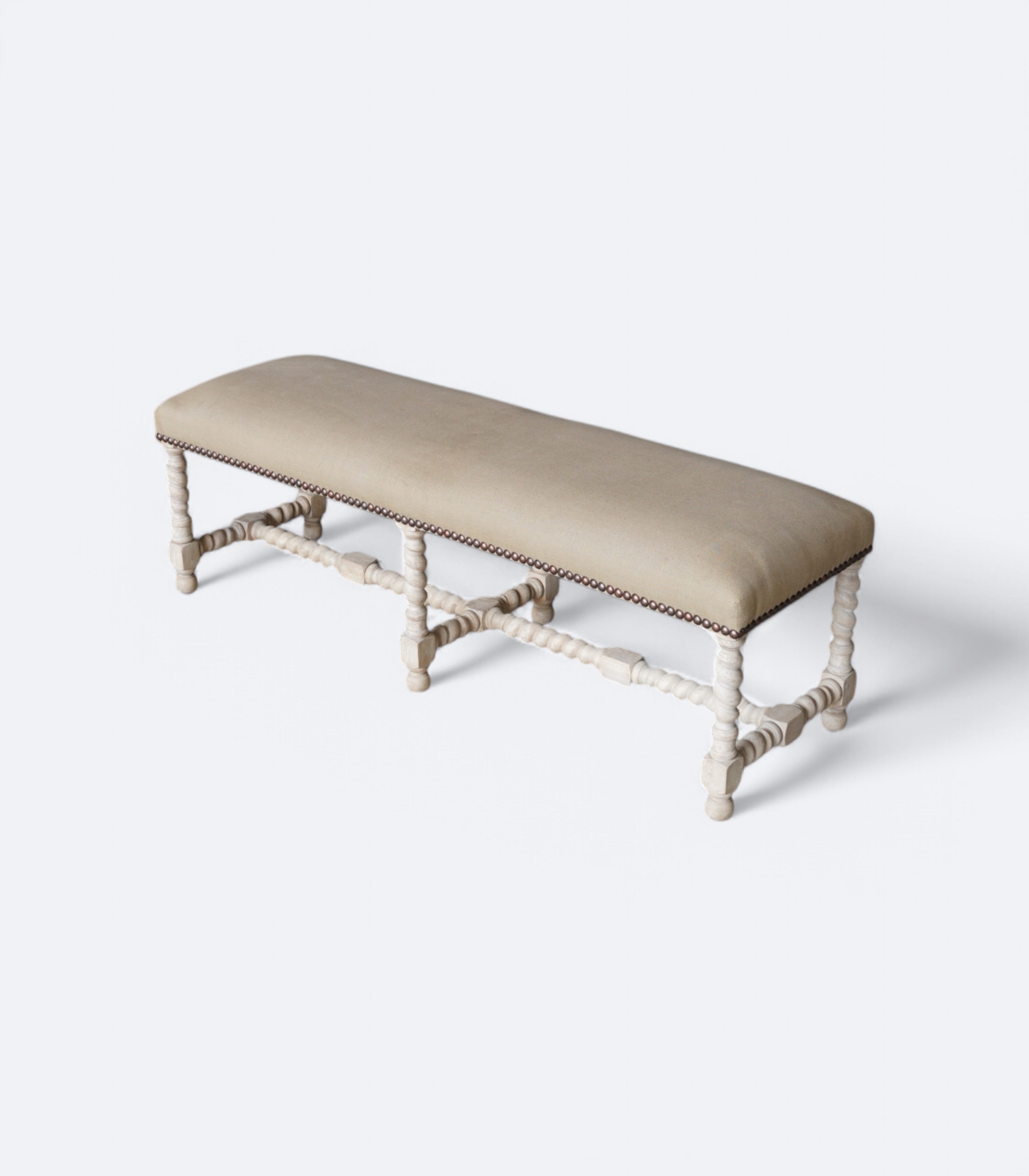 Spindle Leg Upholstered Bench with Brass Studs