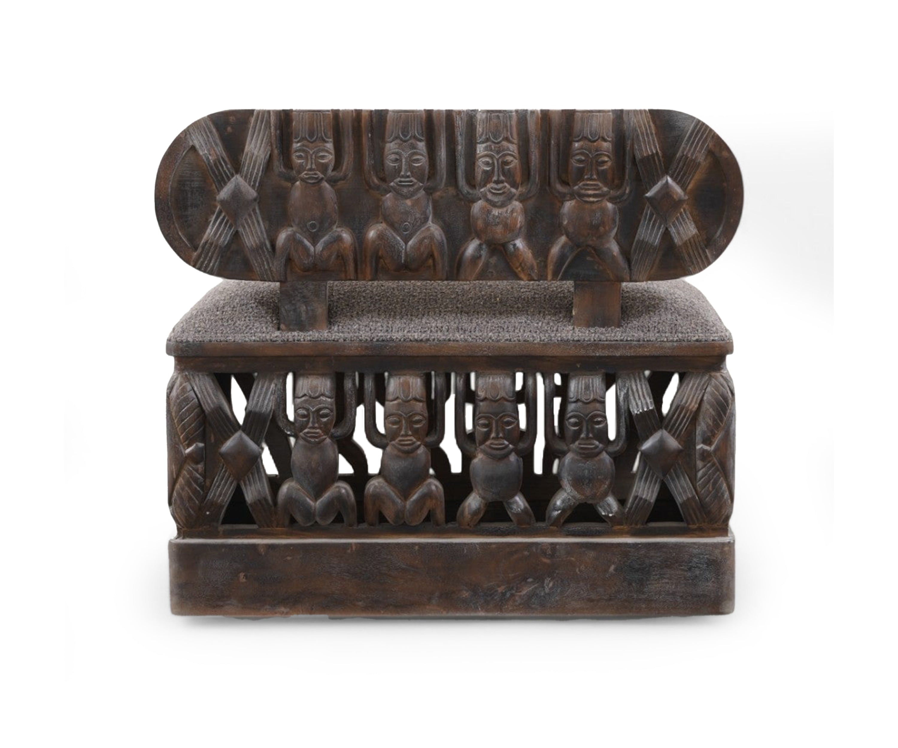 Tribal Carved Wooden Sofa Boucle Upholstery