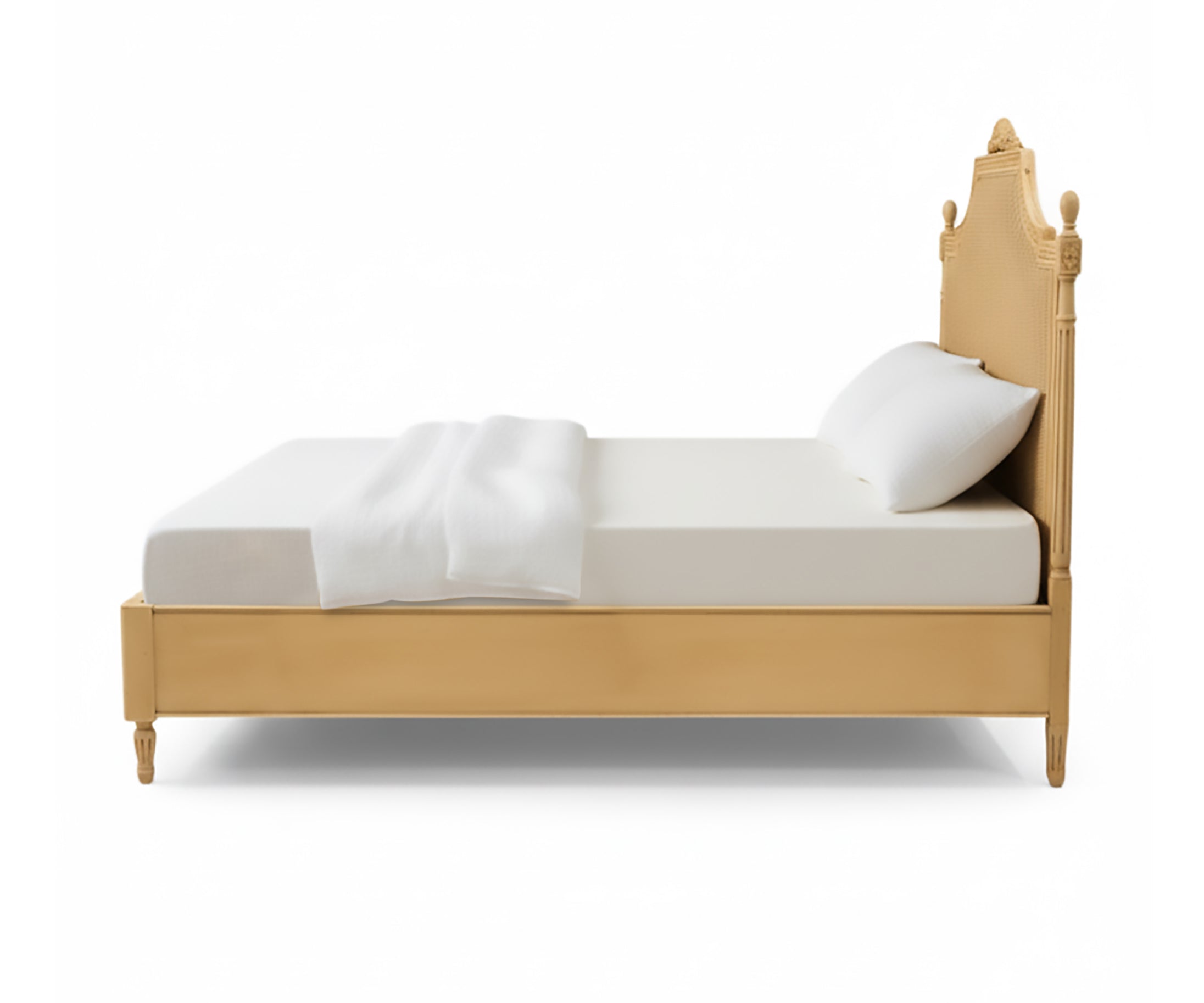 French Gold Upholstered Carved Wood Bed