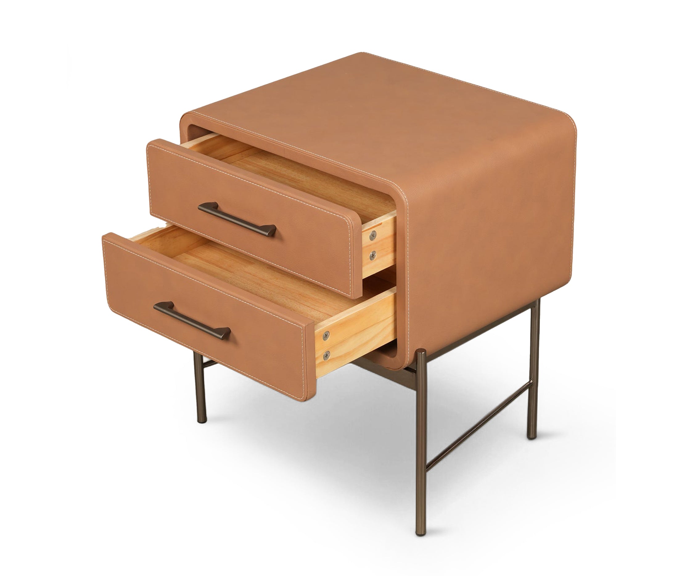 Contemporary Leather-Wrapped Nightstand with Metal Base