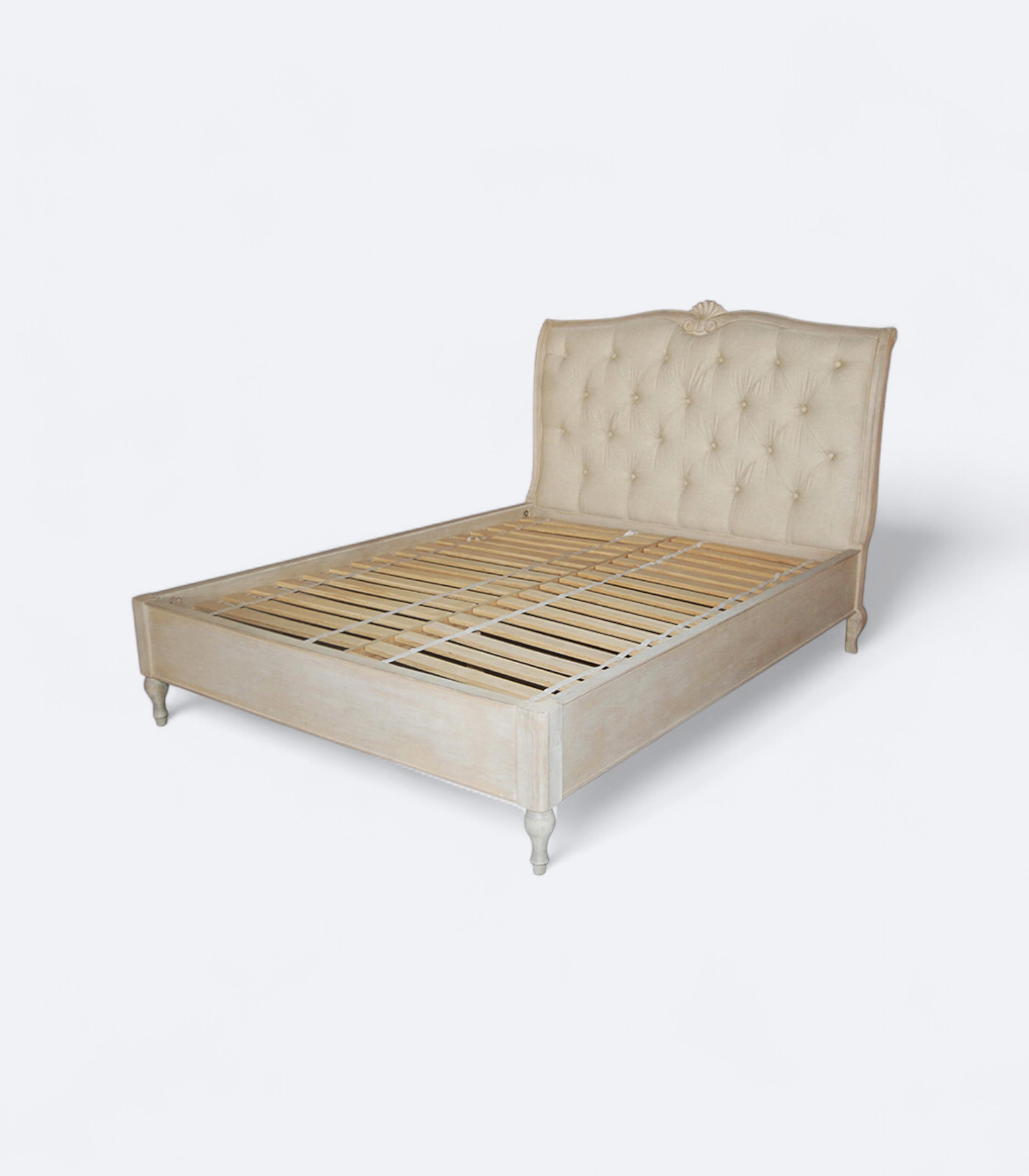 French Linen-Panelled Bed Frame in Distressed Acacia Wood