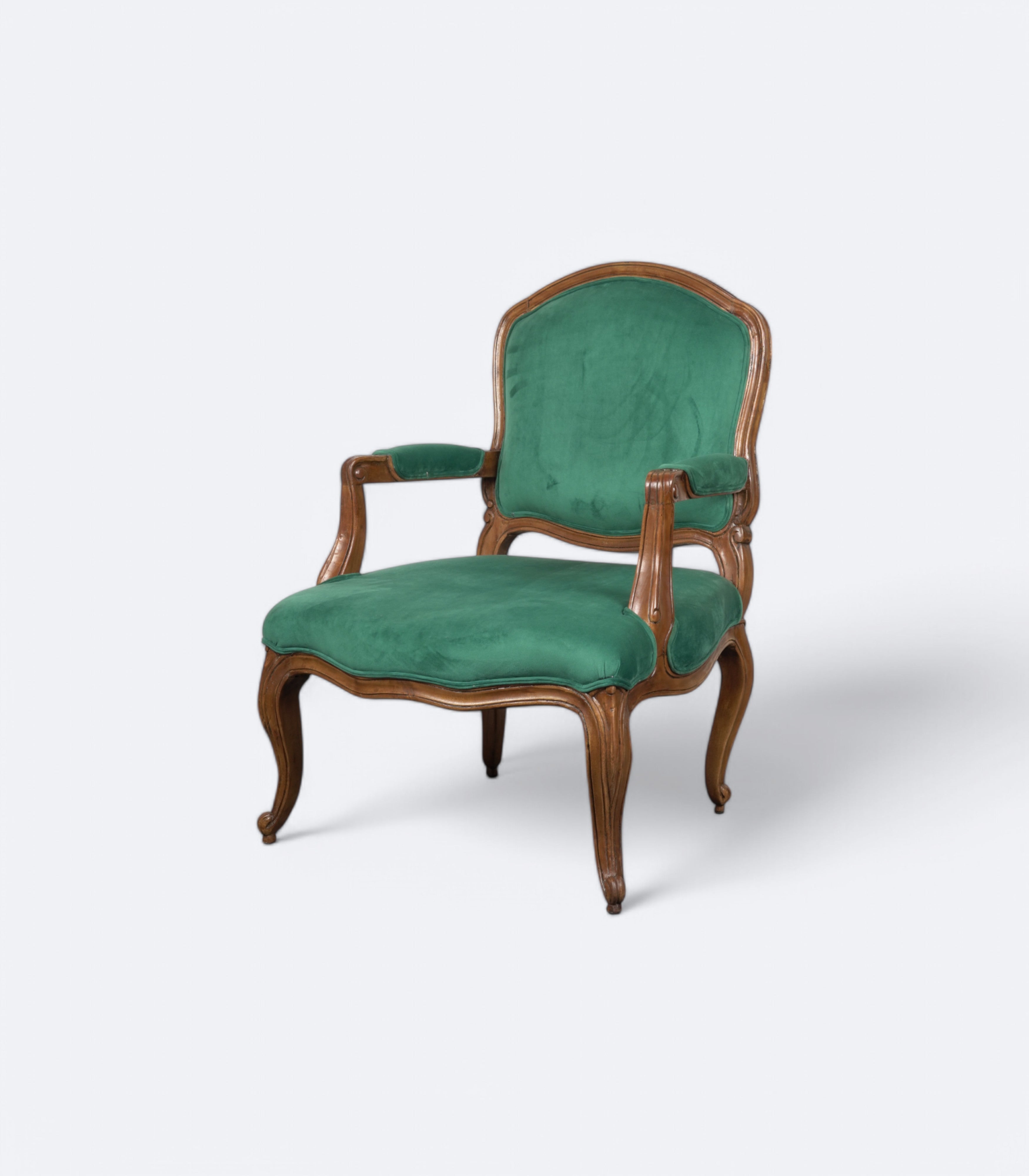 Carved Acacia Settee with Emerald Velvet Upholstery