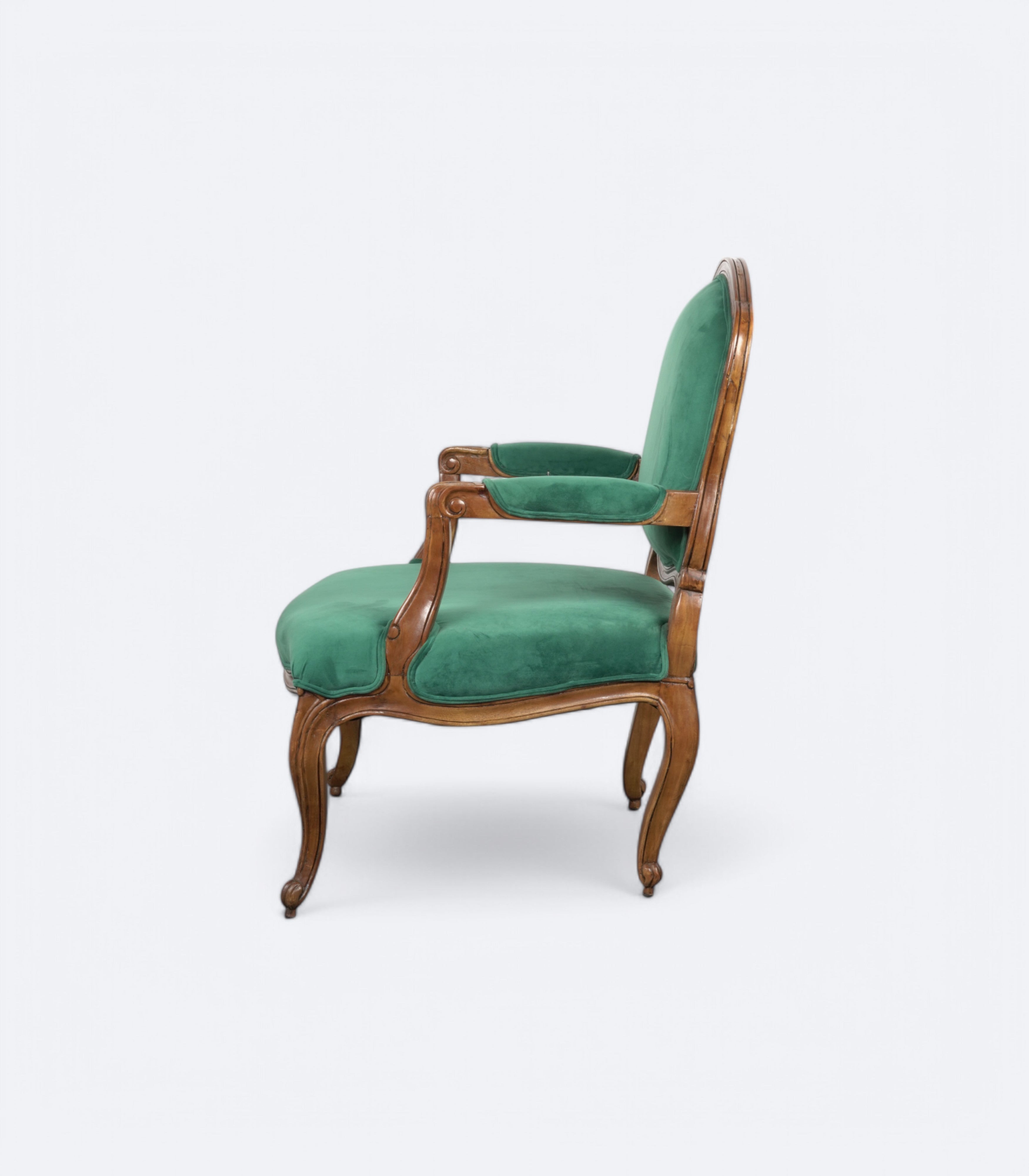 Carved Acacia Settee with Emerald Velvet Upholstery