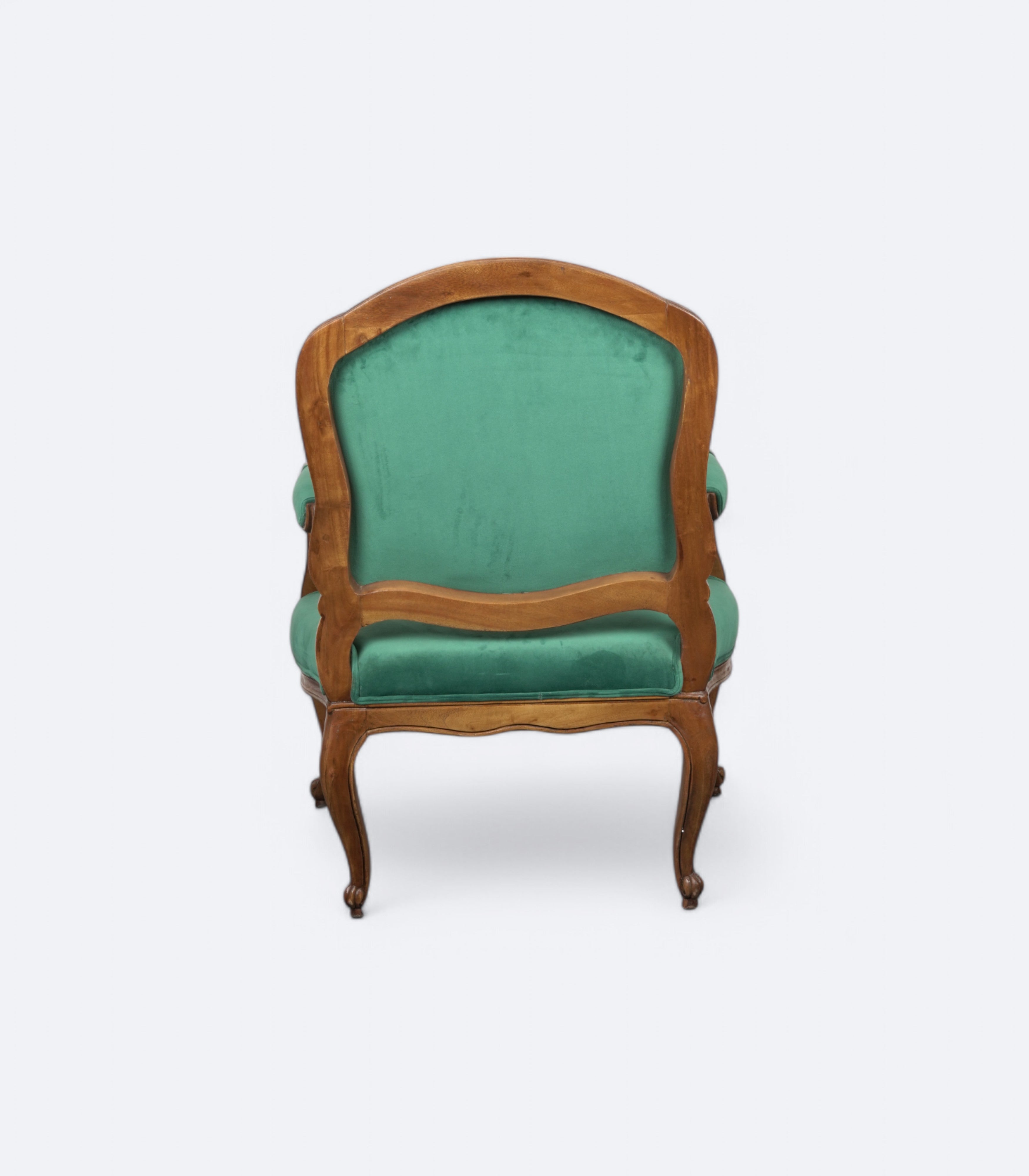 Carved Acacia Settee with Emerald Velvet Upholstery