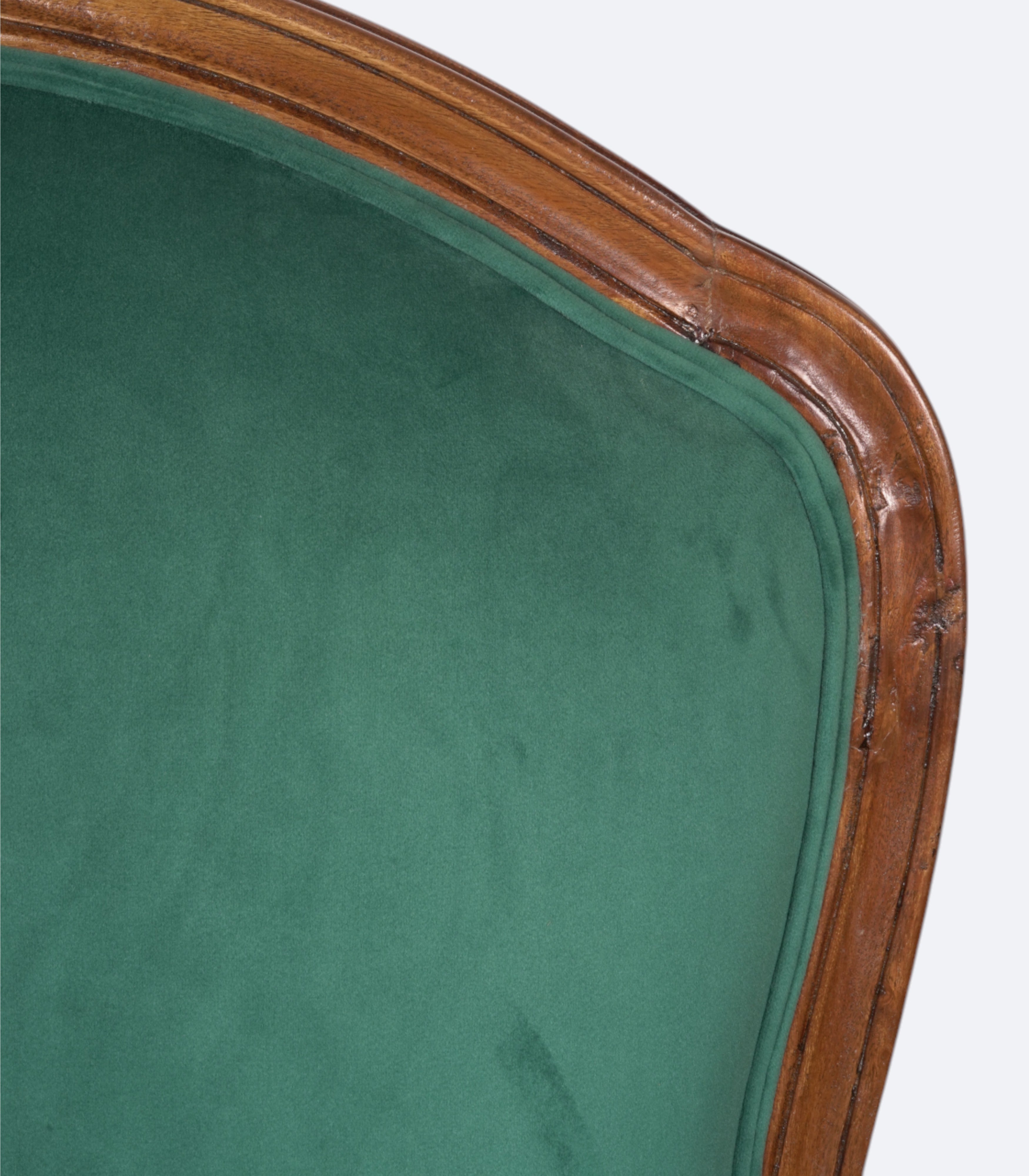 Carved Acacia Settee with Emerald Velvet Upholstery