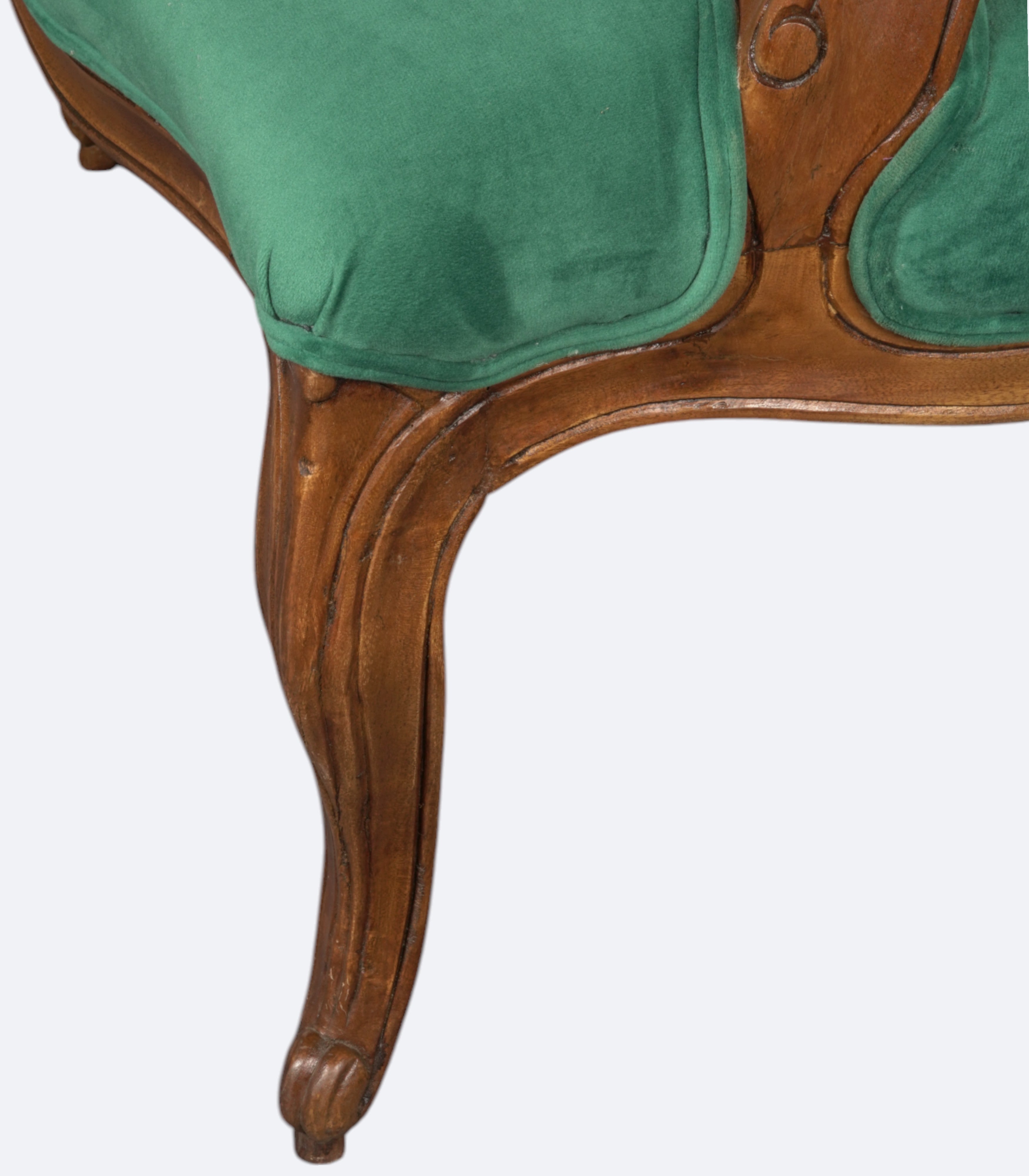 Carved Acacia Settee with Emerald Velvet Upholstery