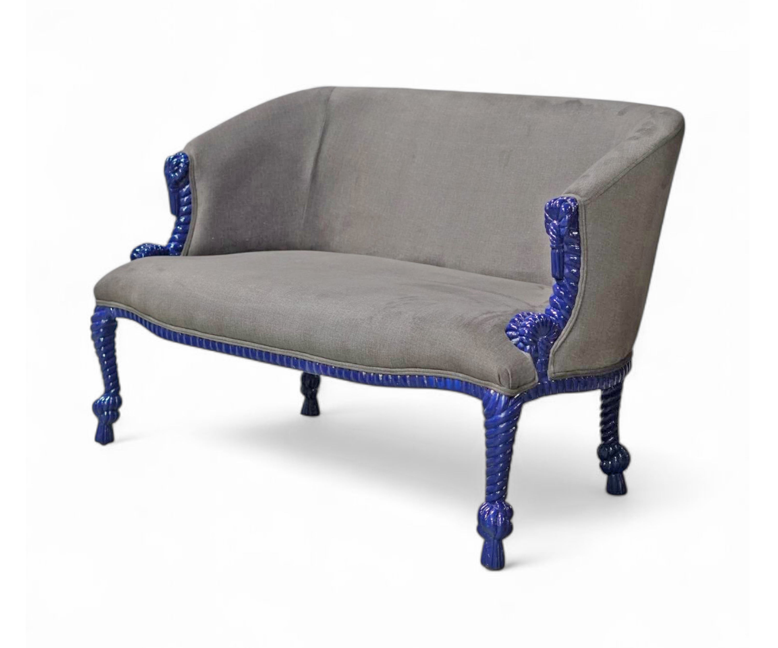 Wood Rope Carved Velvet Sofa