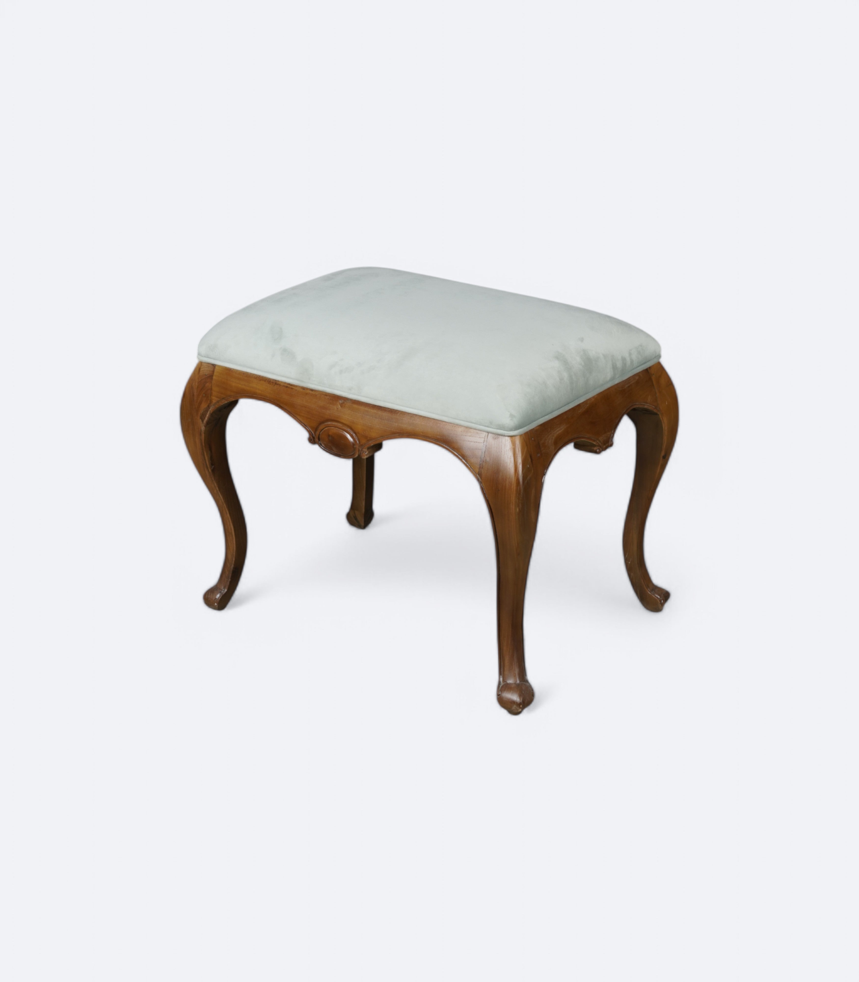 Velvet-Topped Stool with Carved Legs