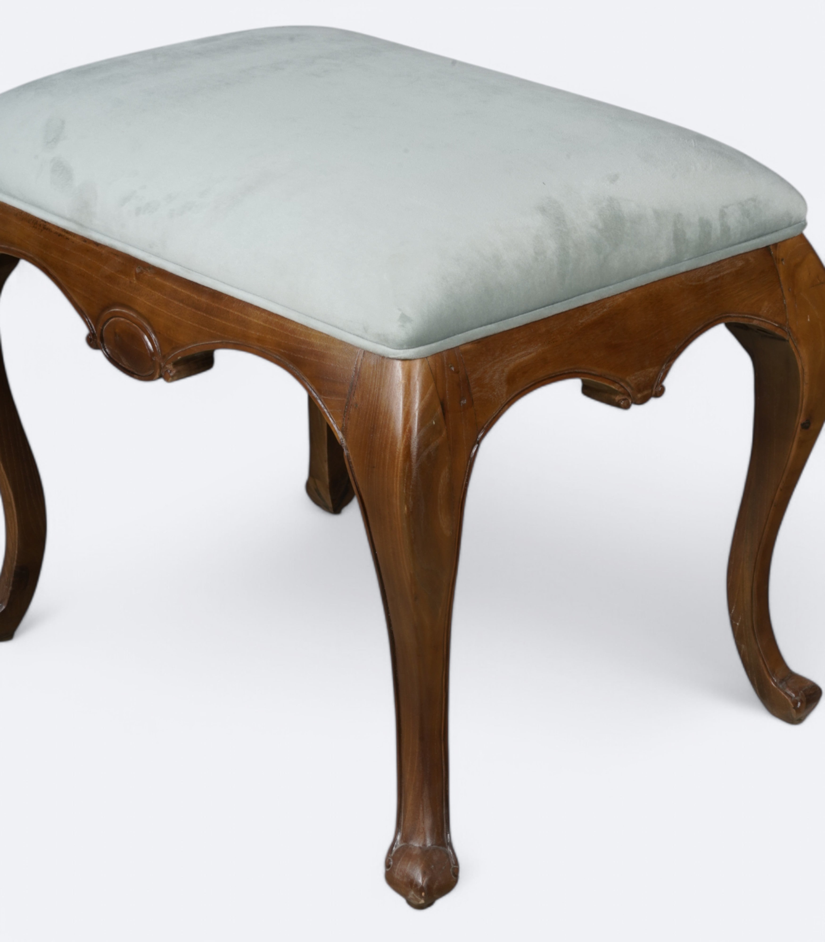 Velvet-Topped Stool with Carved Legs