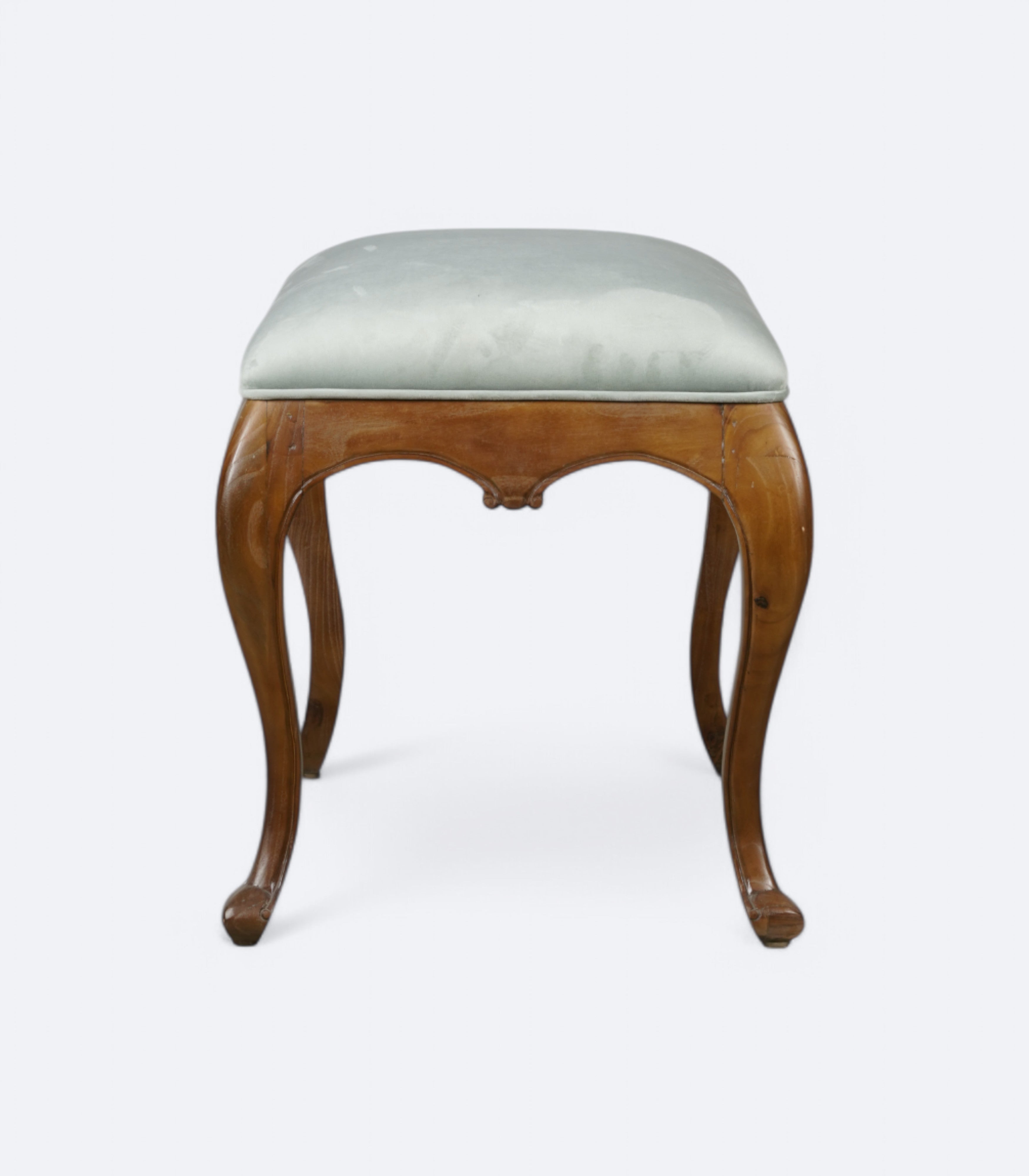 Velvet-Topped Stool with Carved Legs